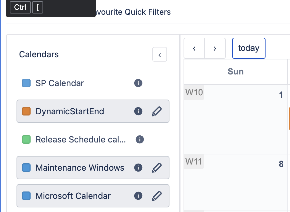 Calendar sidebar showing list of calendars with color indicators, info and edit buttons