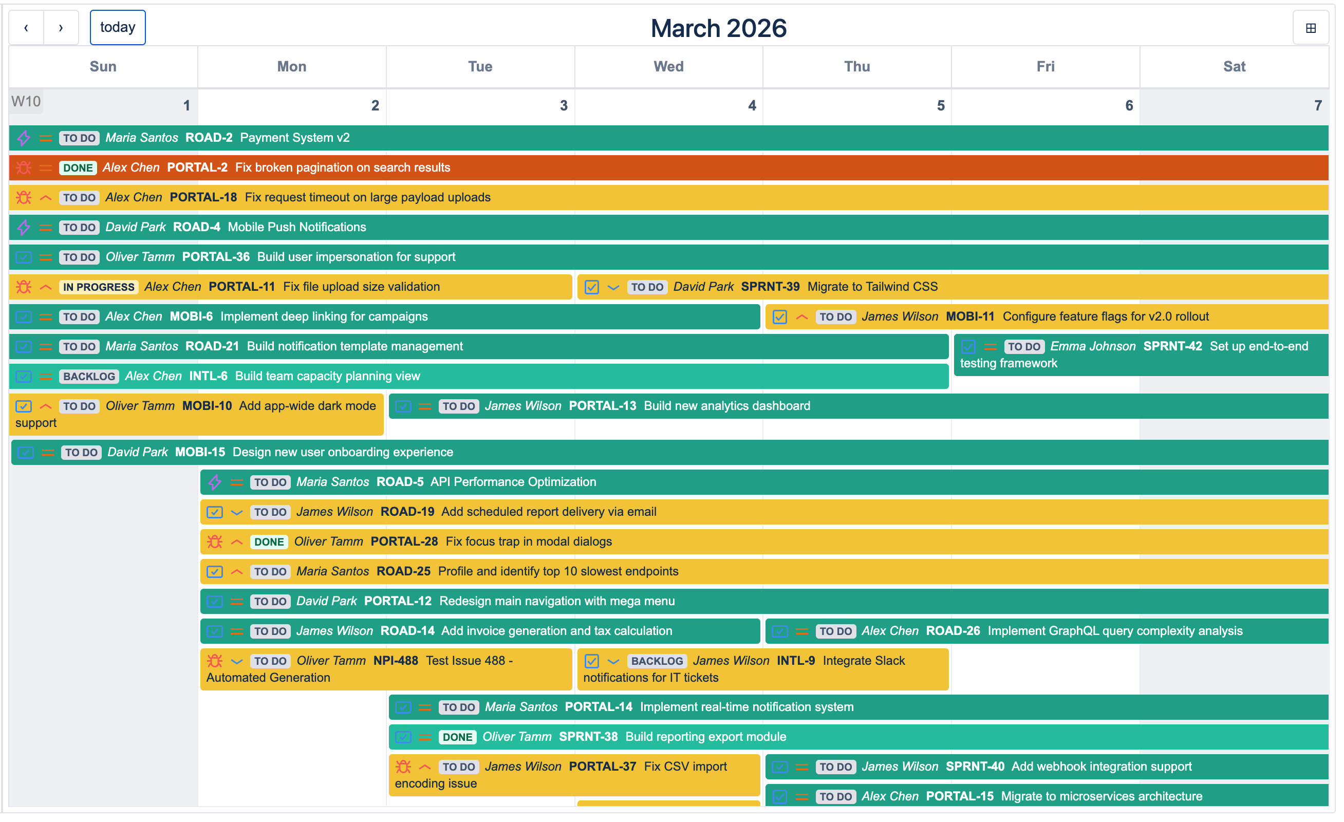 Calendar with conditional colors applied — issues painted by matching rules