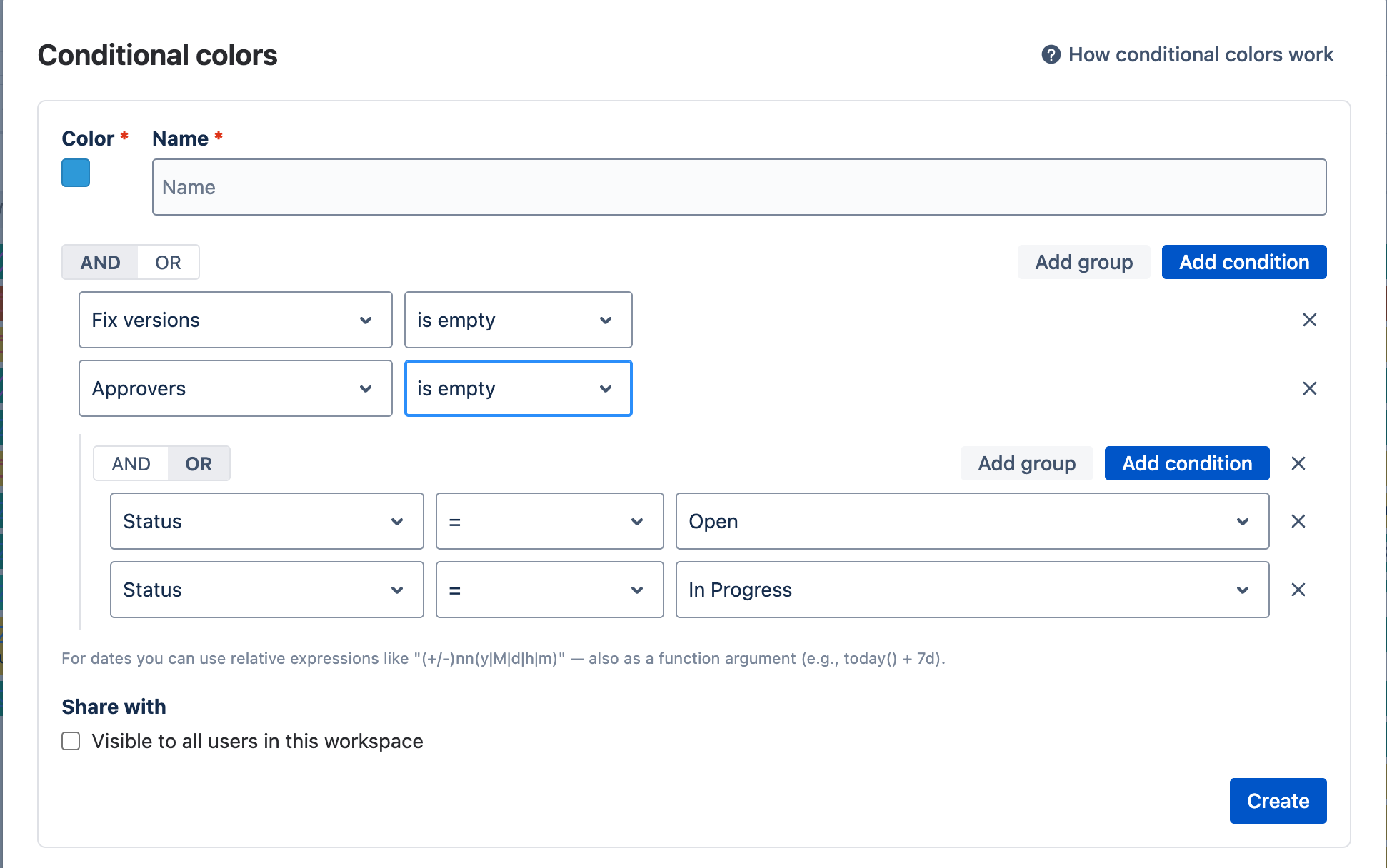 Create new conditional color rule dialog