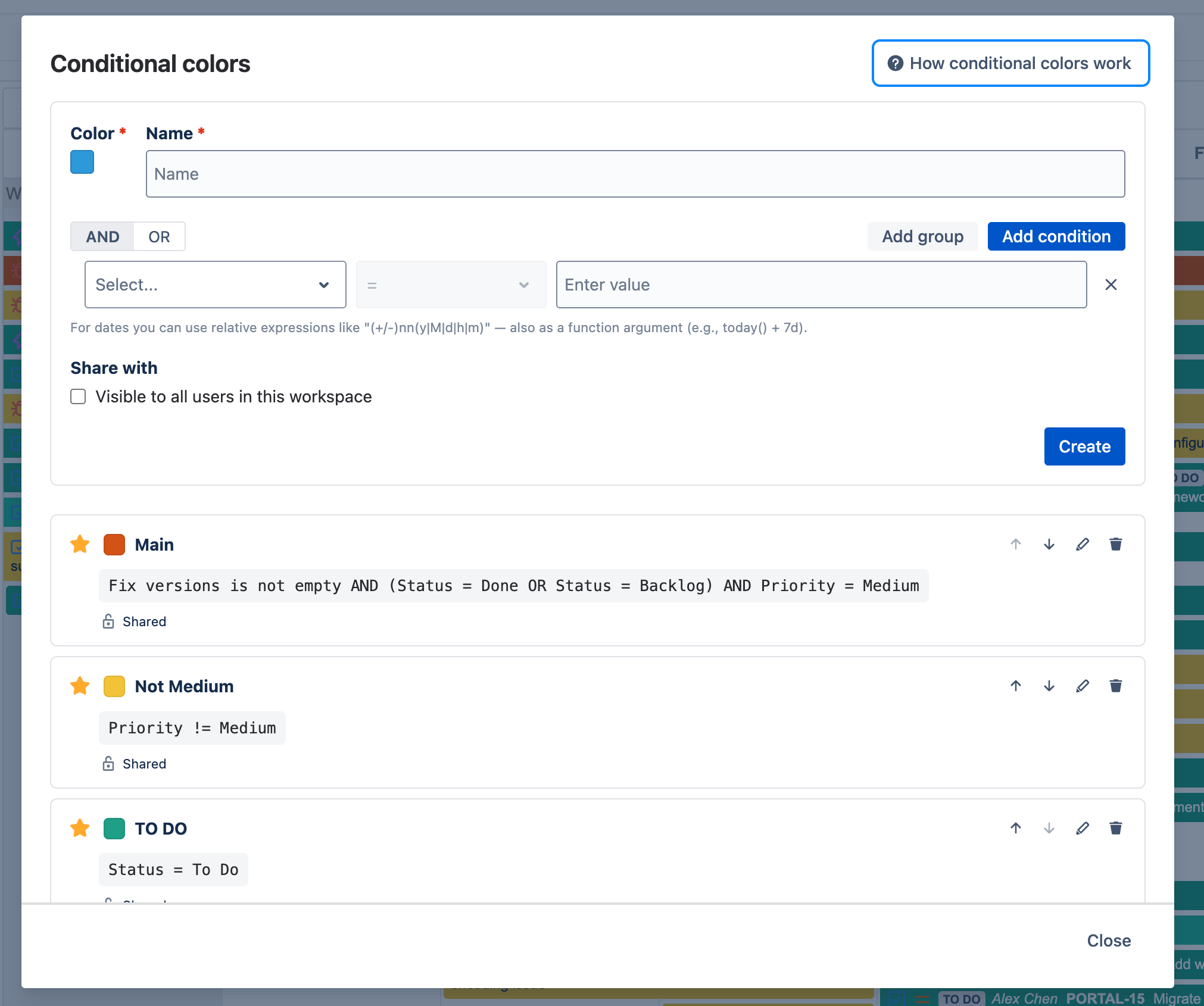 Manage conditional colors dialog showing configured rules
