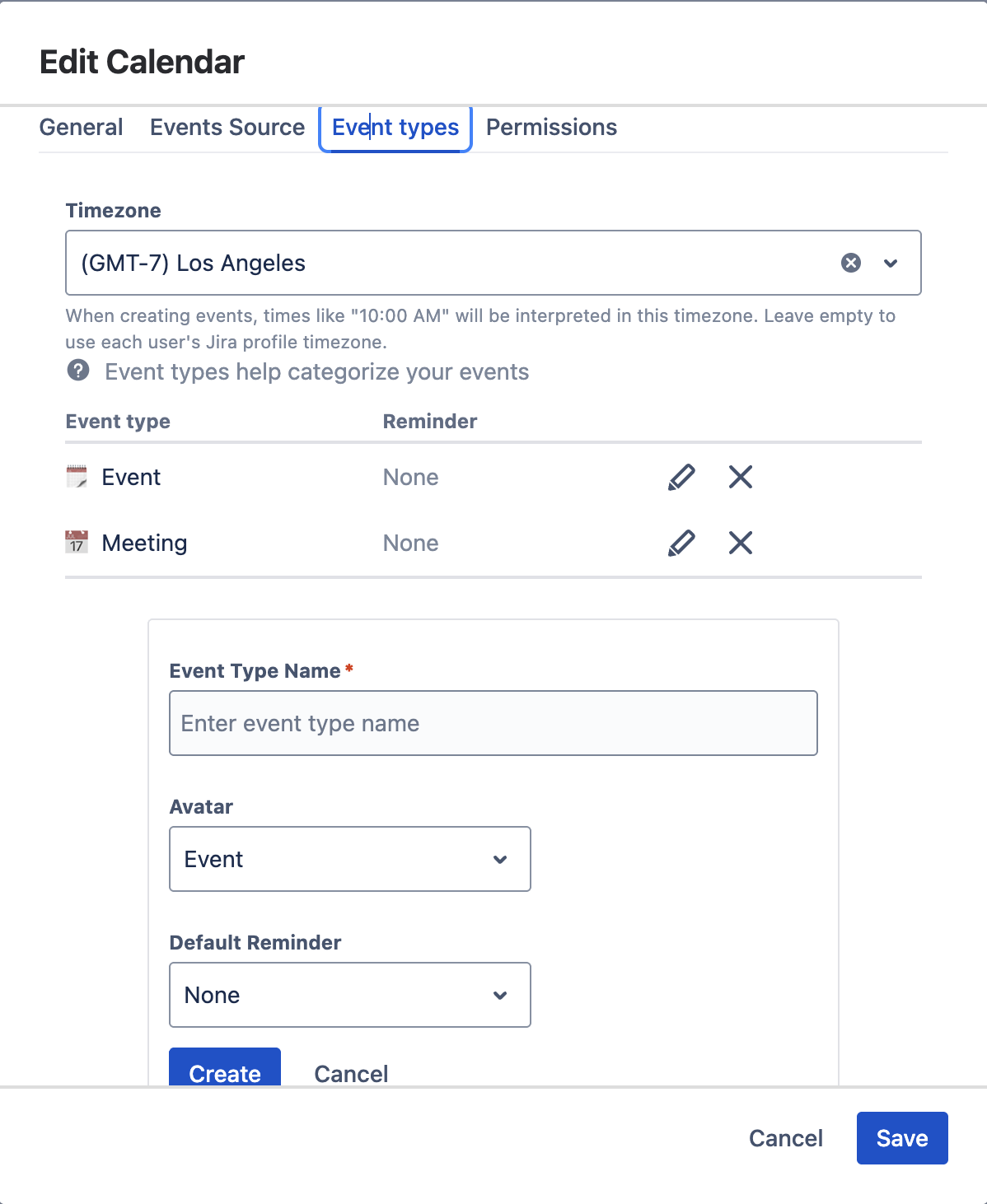Event Types tab showing timezone setting, event type list, and create form