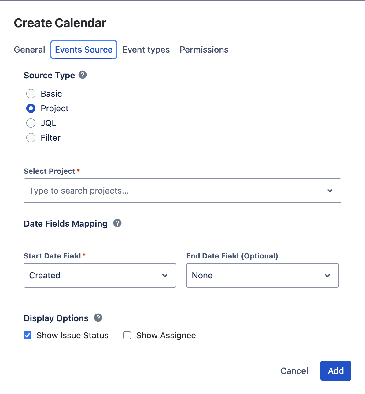 Create Calendar dialog — Events Source tab with source type, project selector, and date field mapping