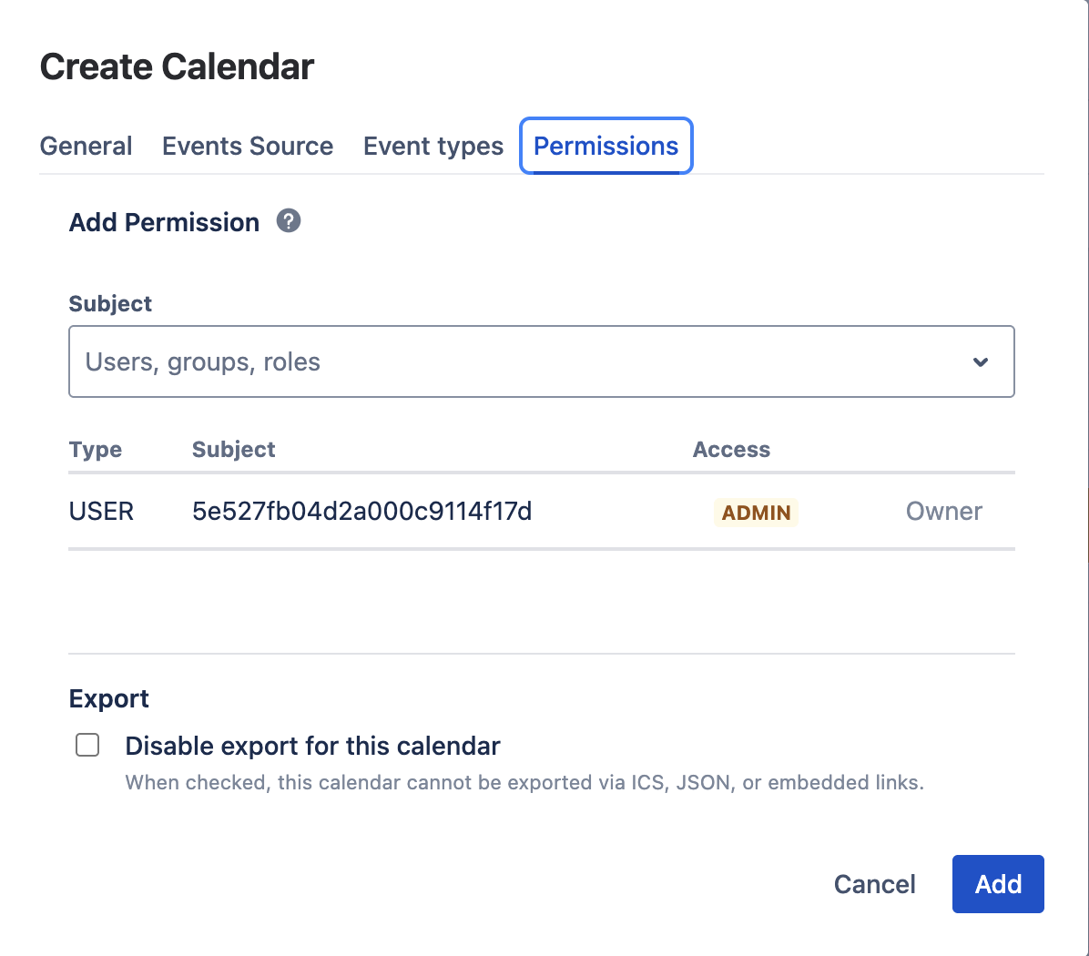 Permissions tab with user/group access levels and export disable checkbox
