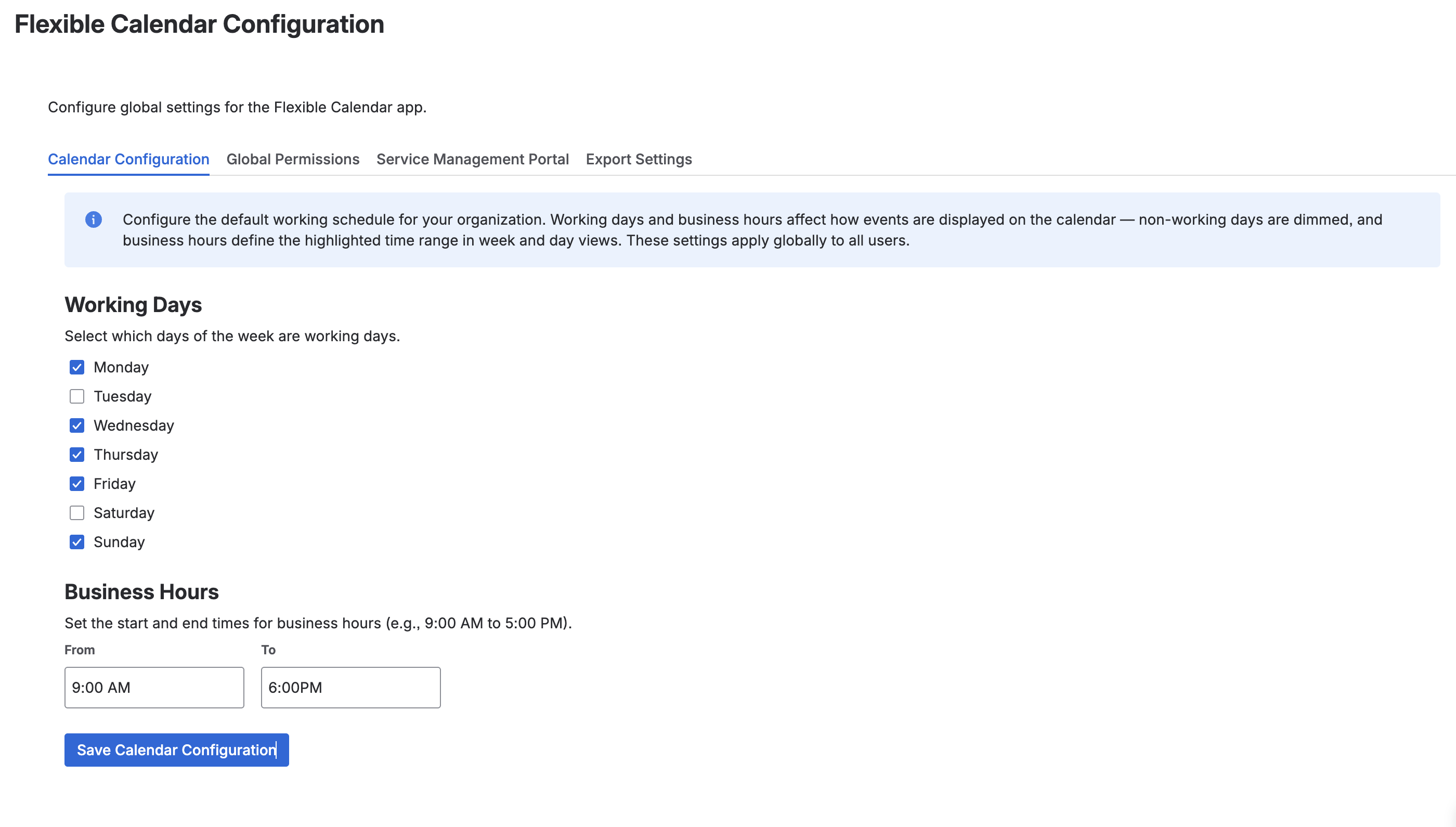 Calendar Configuration tab showing working days and business hours settings