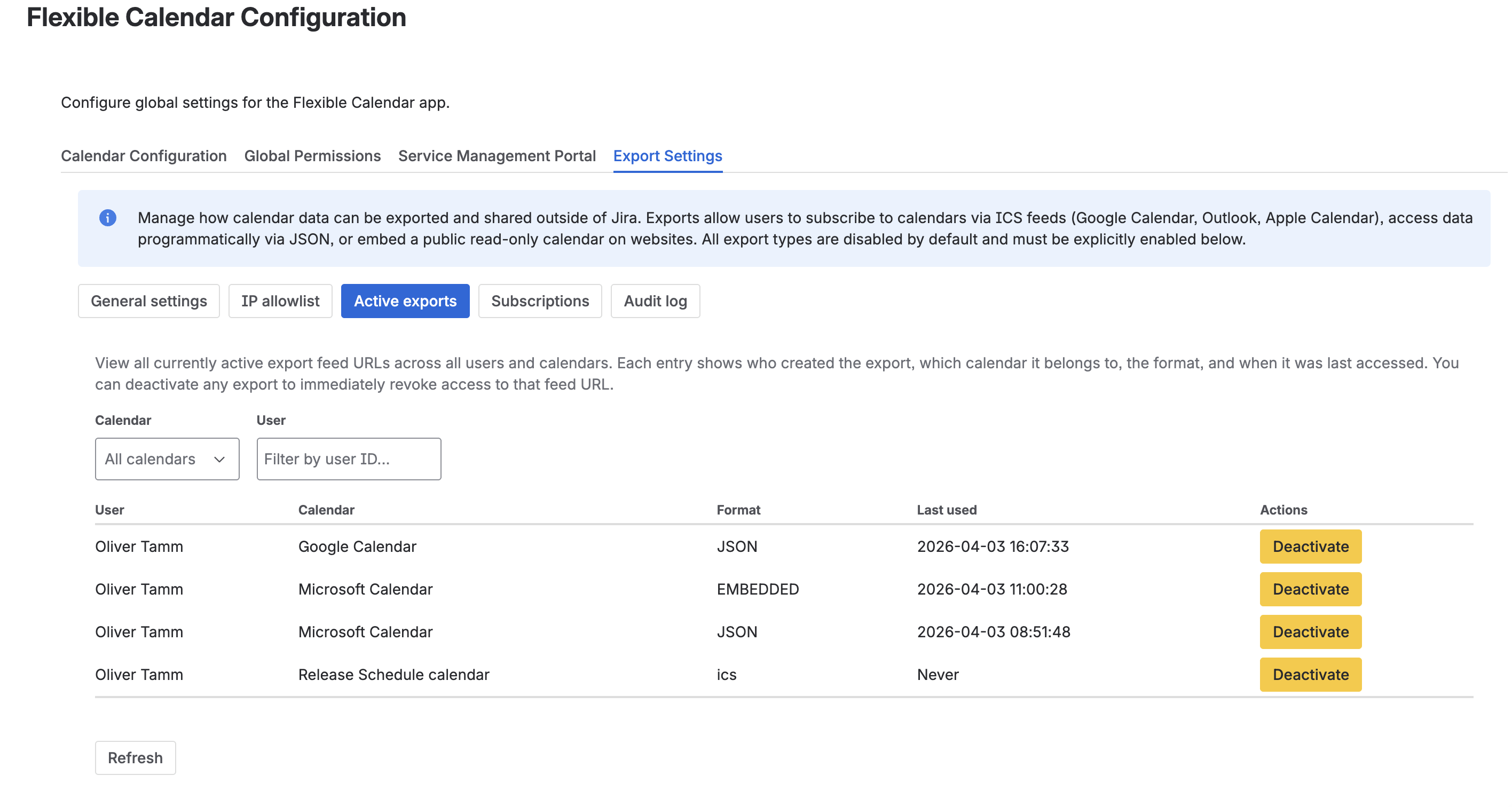 Active Exports sub-tab showing a table of all generated feed URLs