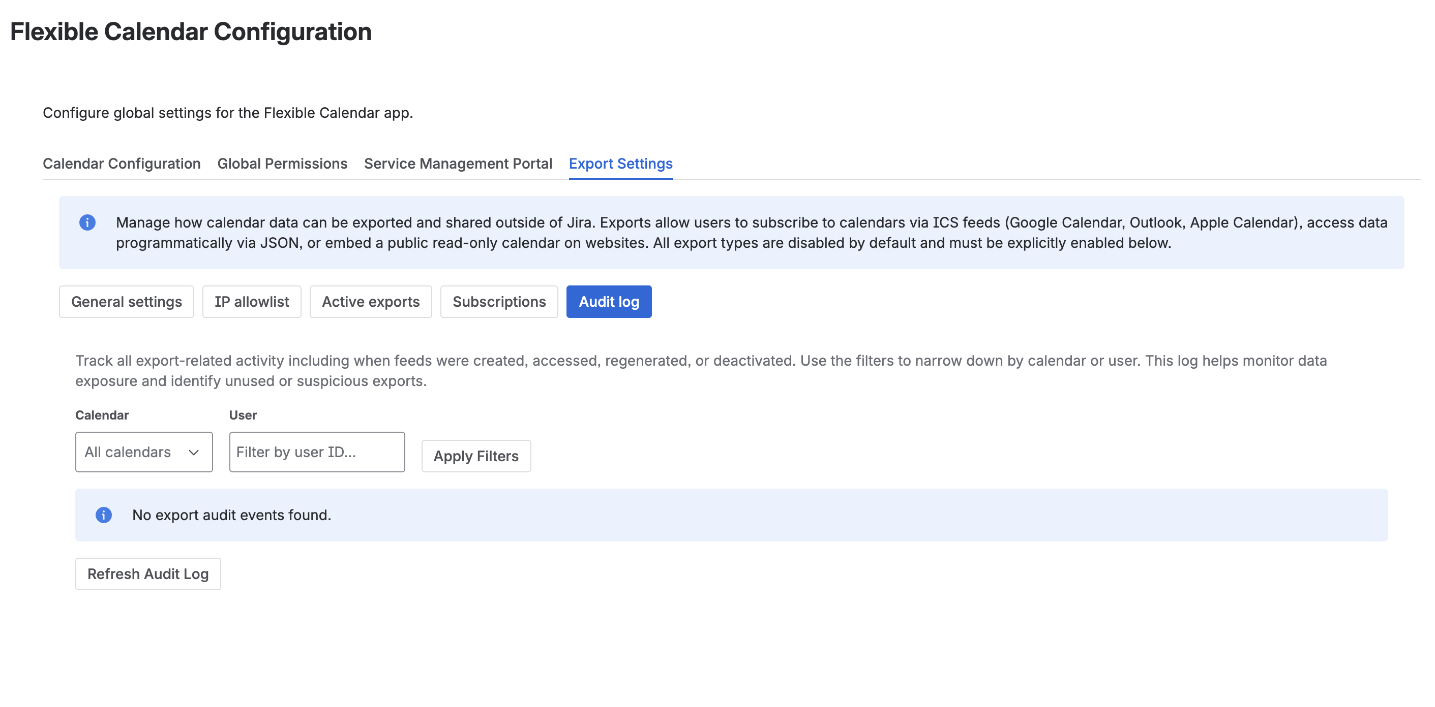 Audit Log sub-tab with event tracking and filters