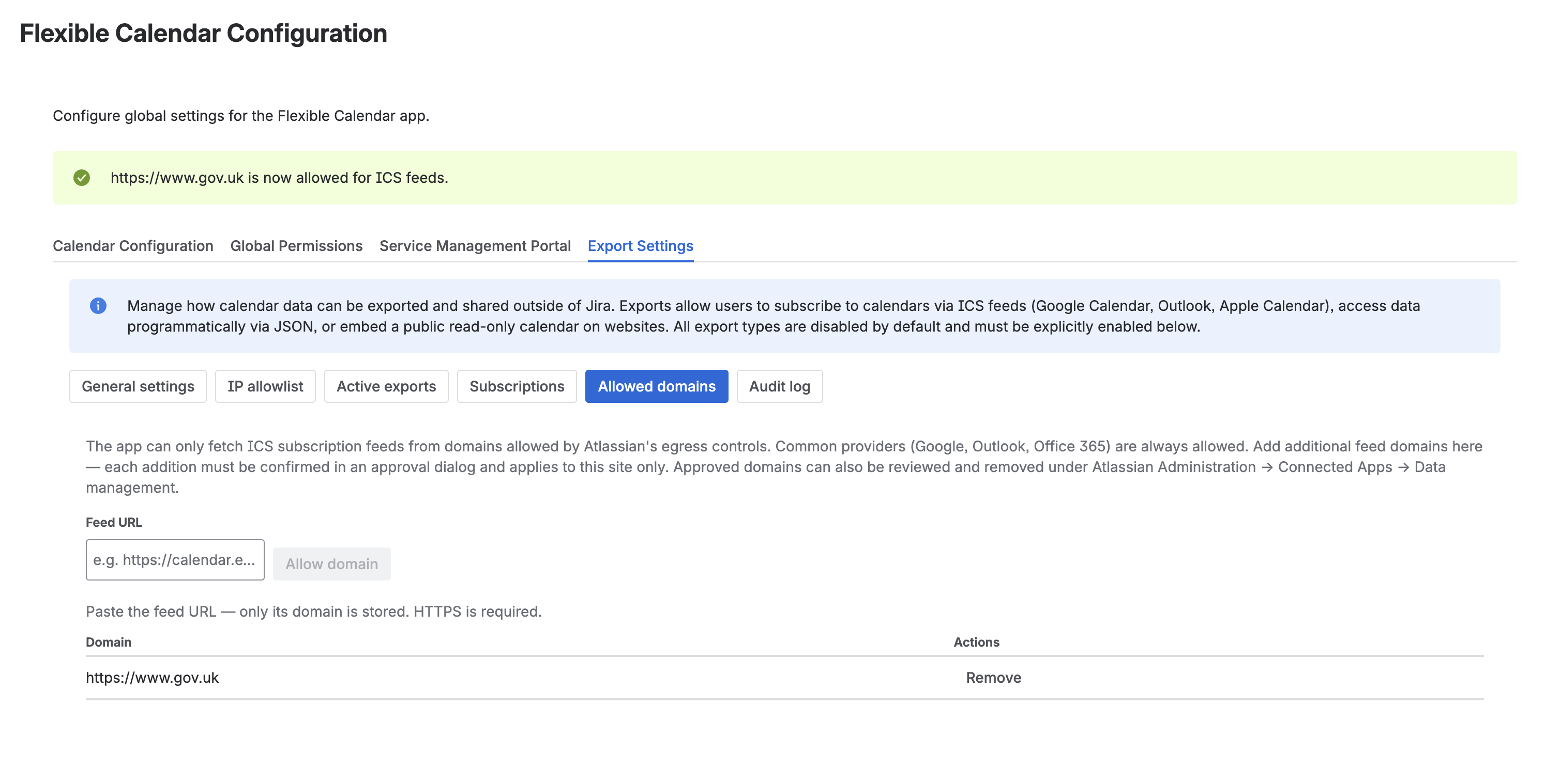 Allowed Domains sub-tab with a feed URL field, Allow domain button, and a list of approved domains