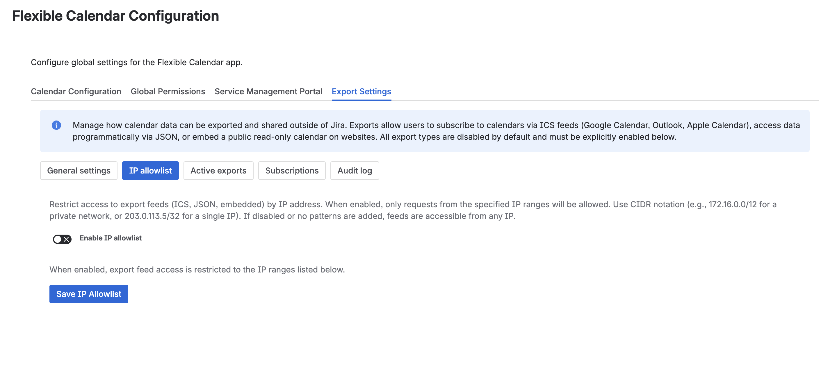 IP Allowlist sub-tab with CIDR pattern configuration
