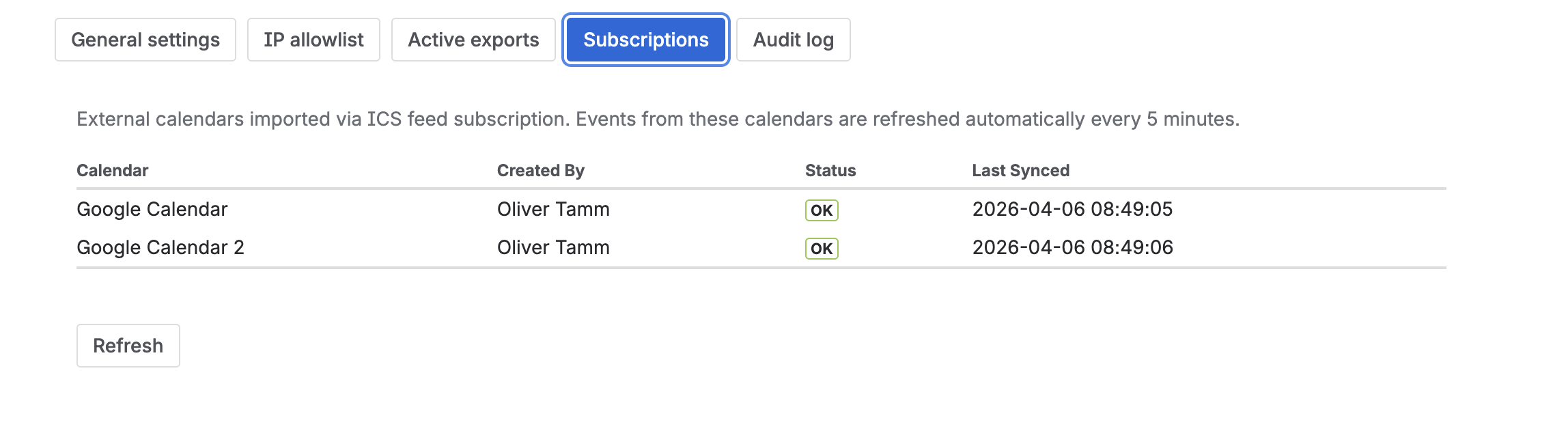 Subscriptions sub-tab showing a list of external calendar subscriptions