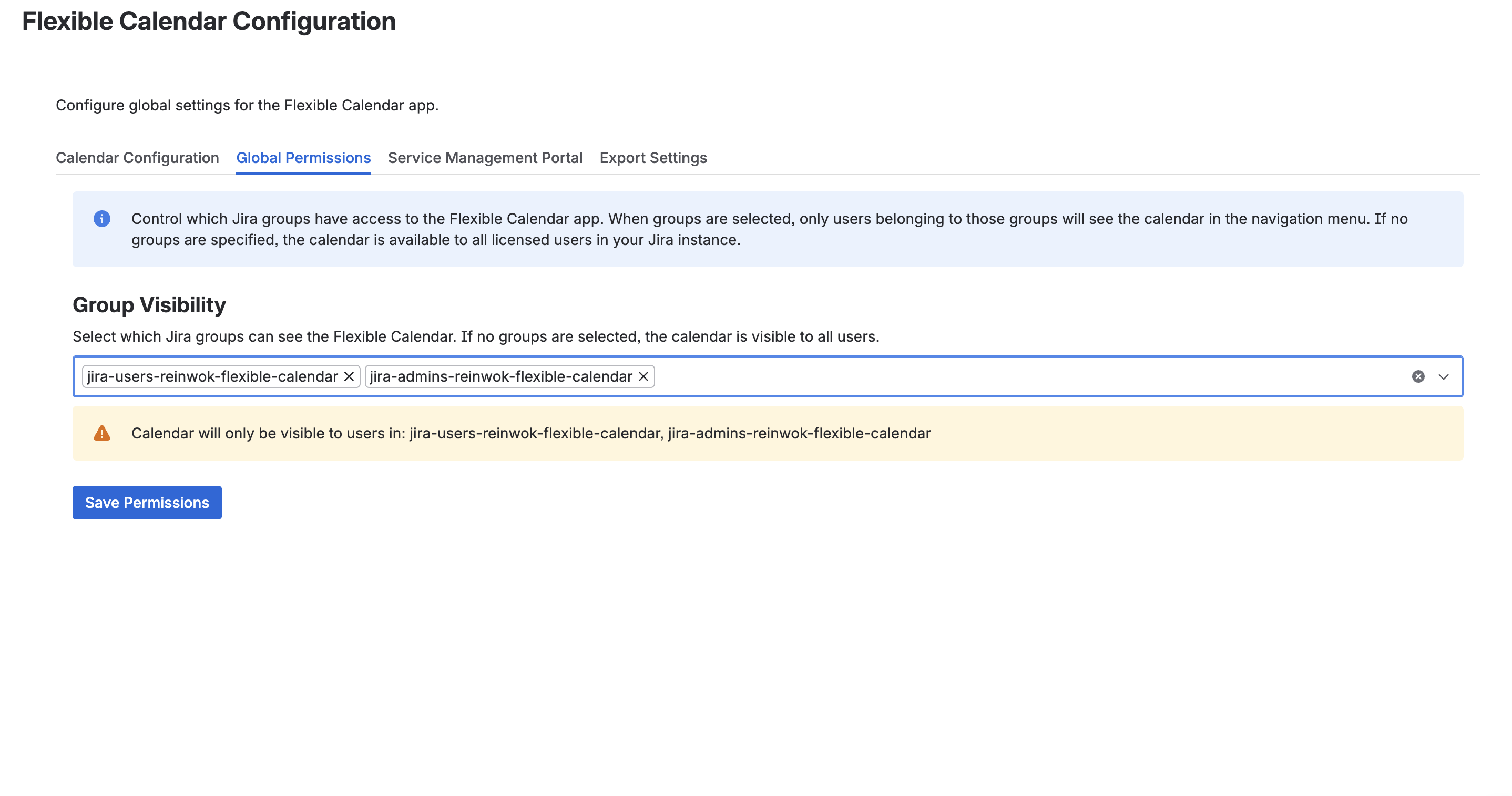Global Permissions tab with group visibility multi-select