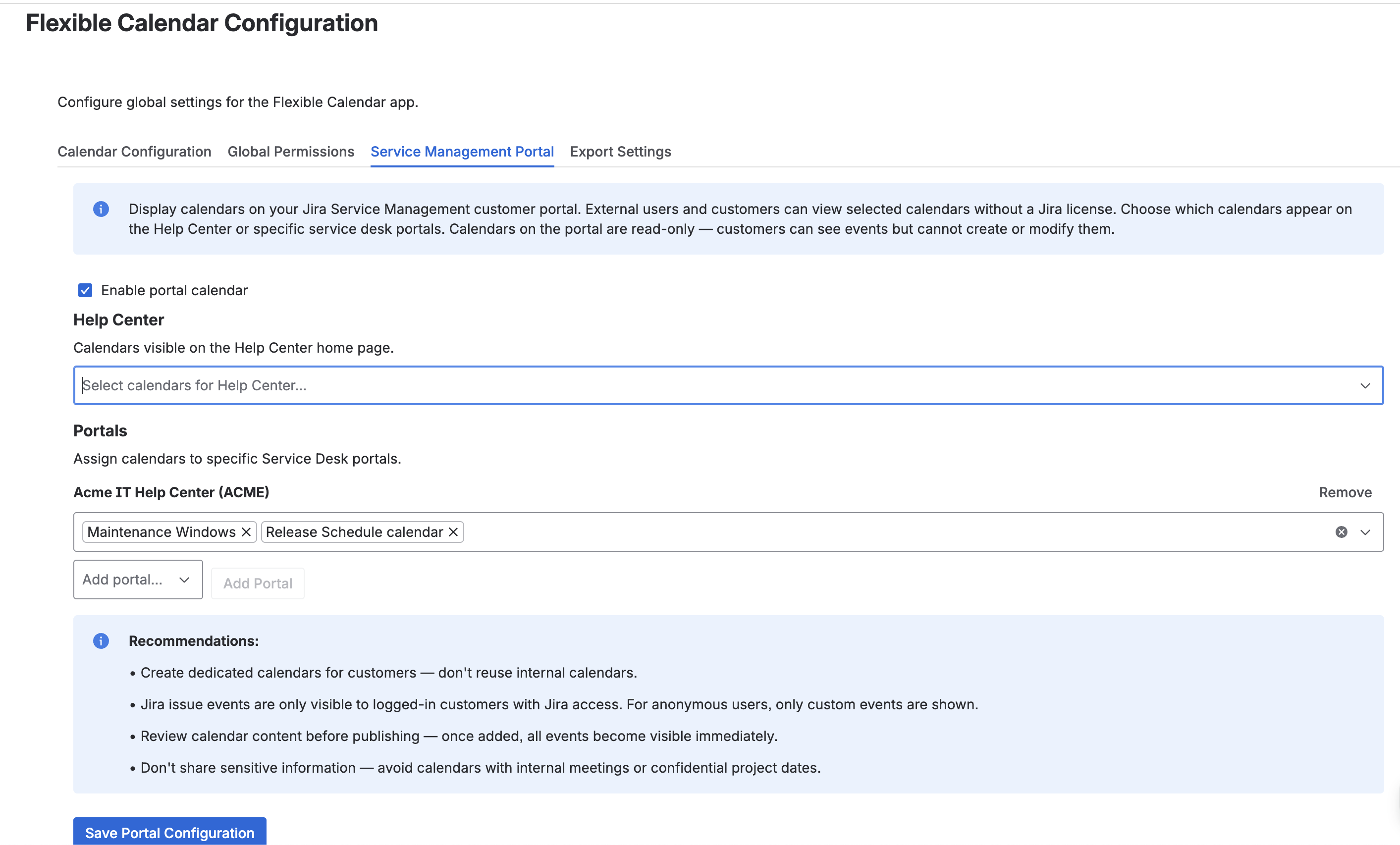 Service Management Portal tab with enable toggle and portal calendar assignment