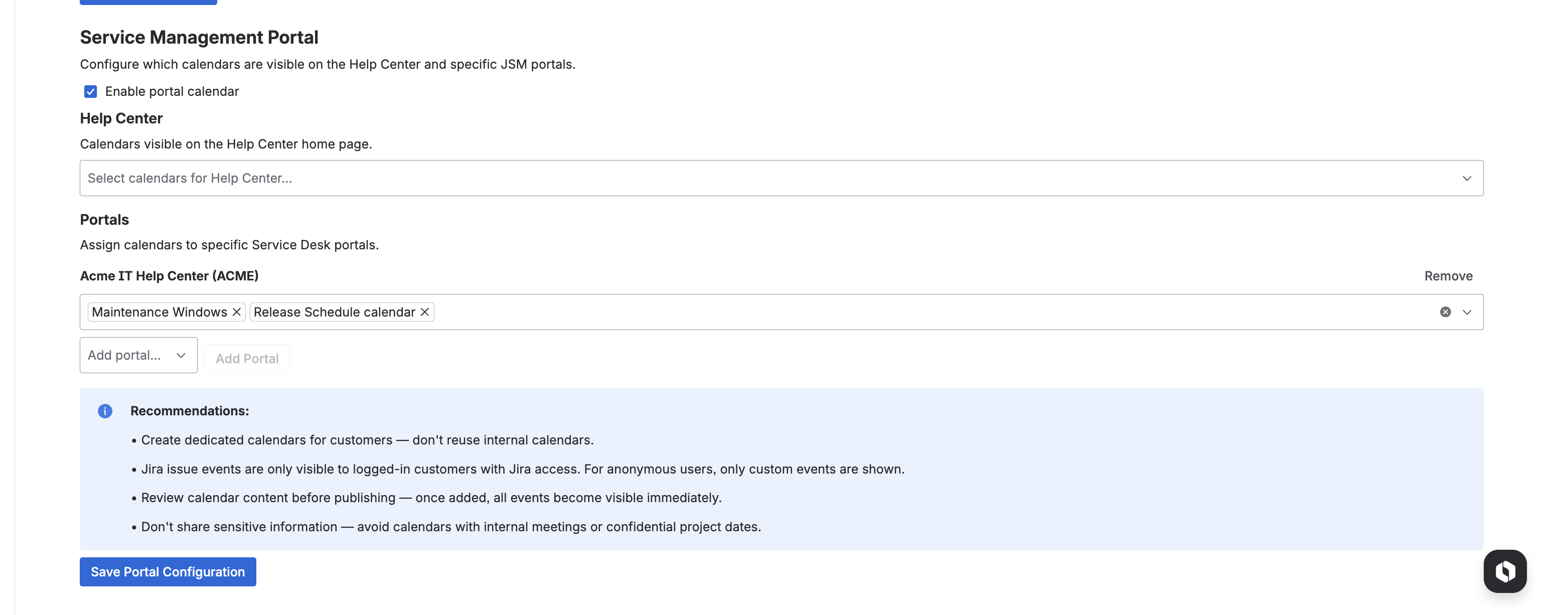 JSM Portal Calendar Admin Configuration