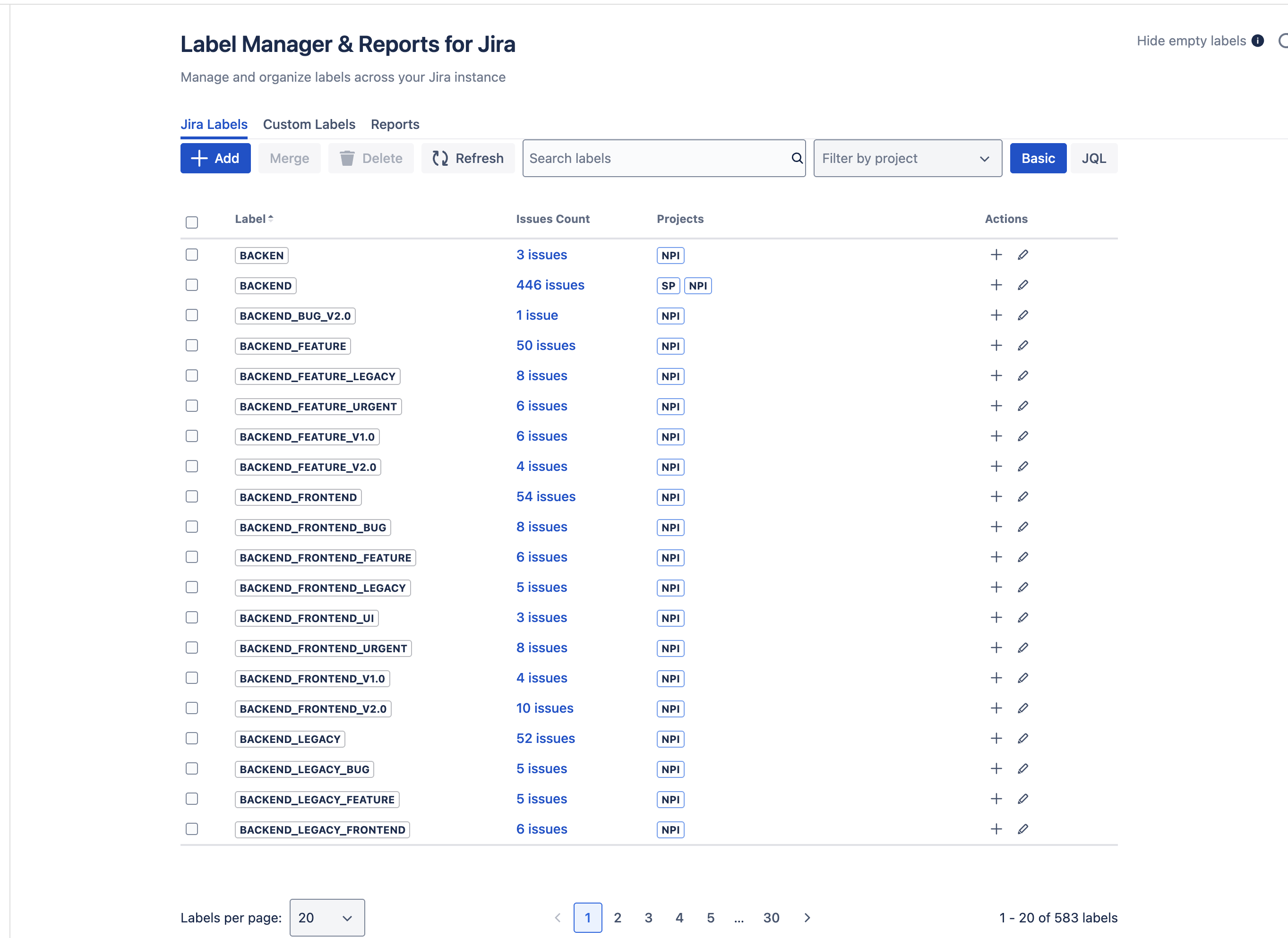 Global Label Management Page