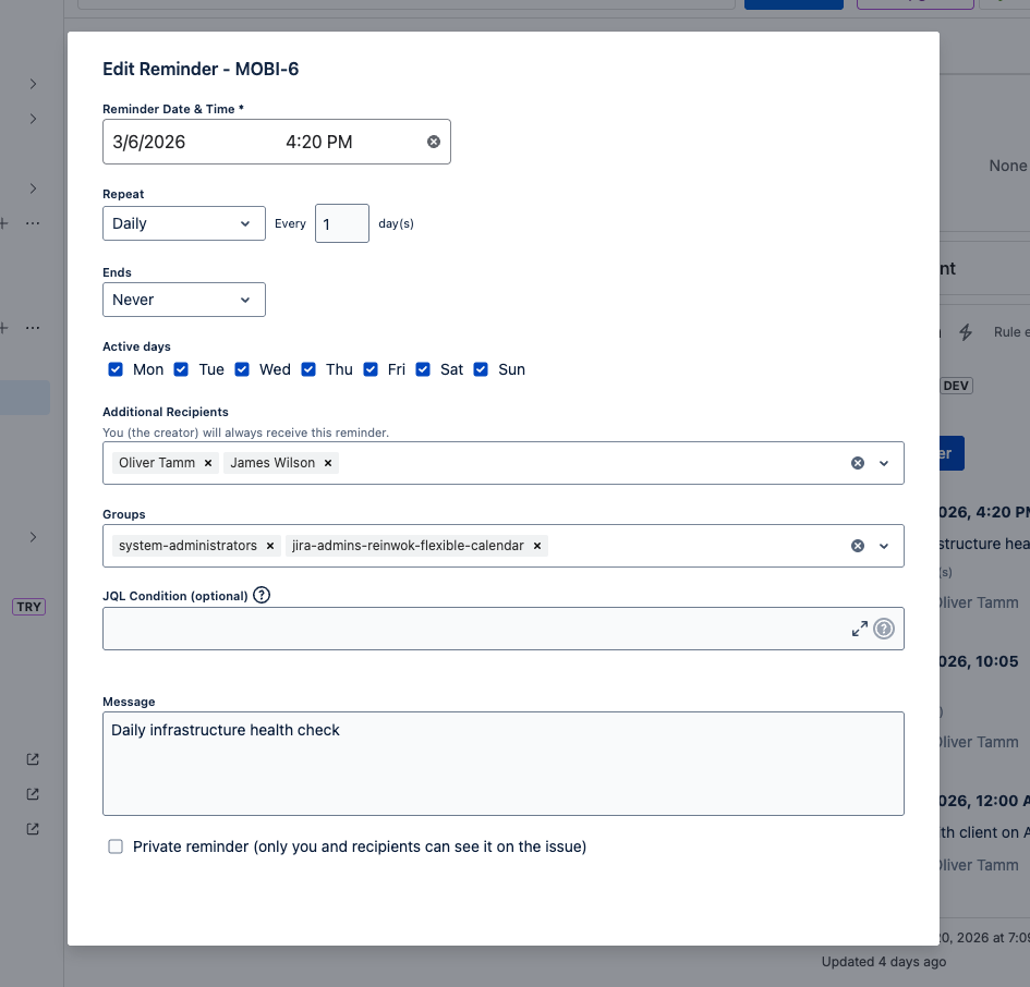Daily Recurring Reminder with Active Days