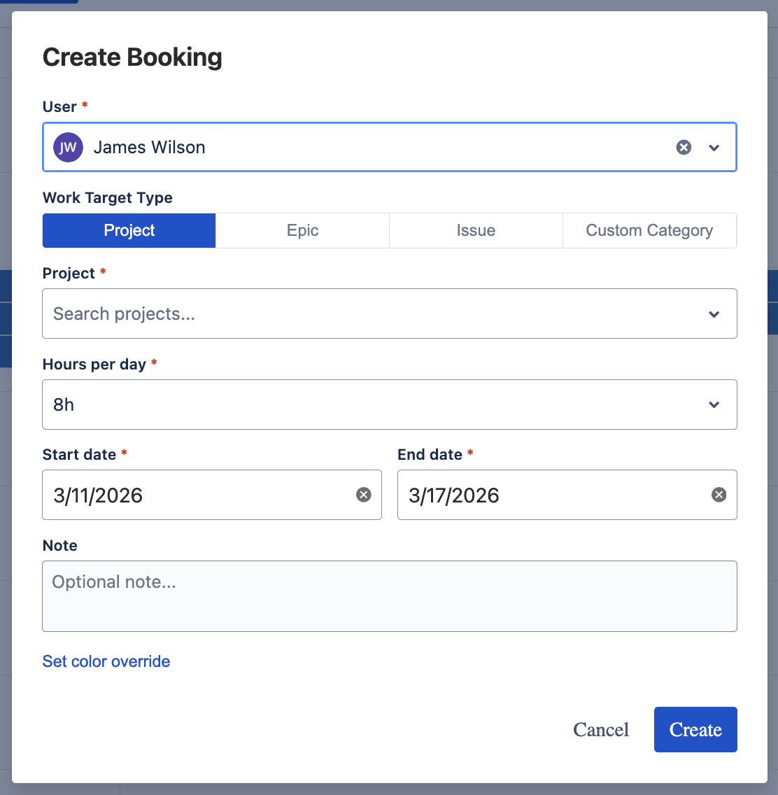 Create Booking Dialog - Project