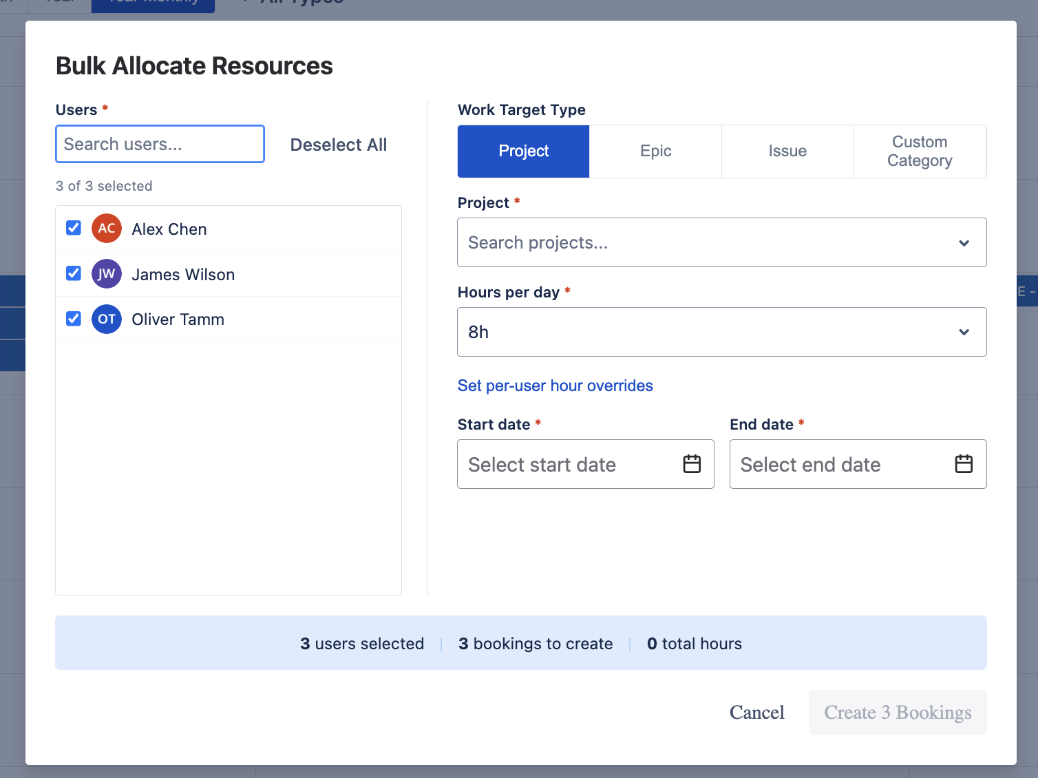 Bulk Allocate Resources Dialog