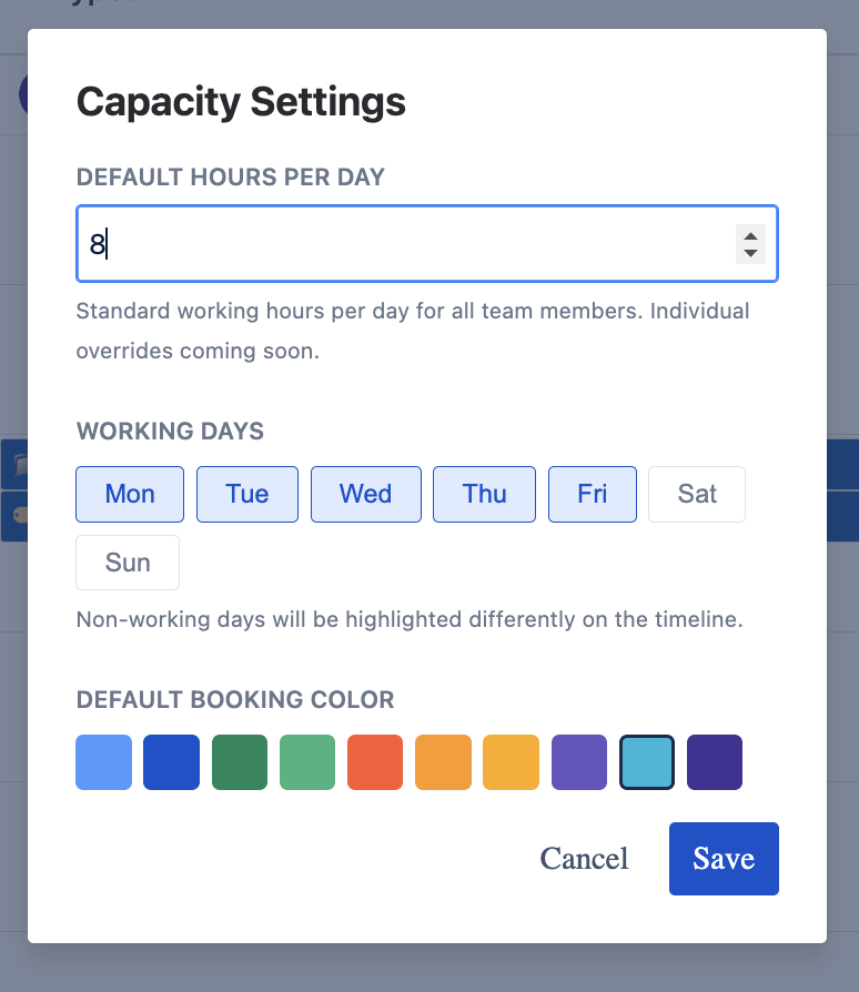 Capacity Settings Dialog