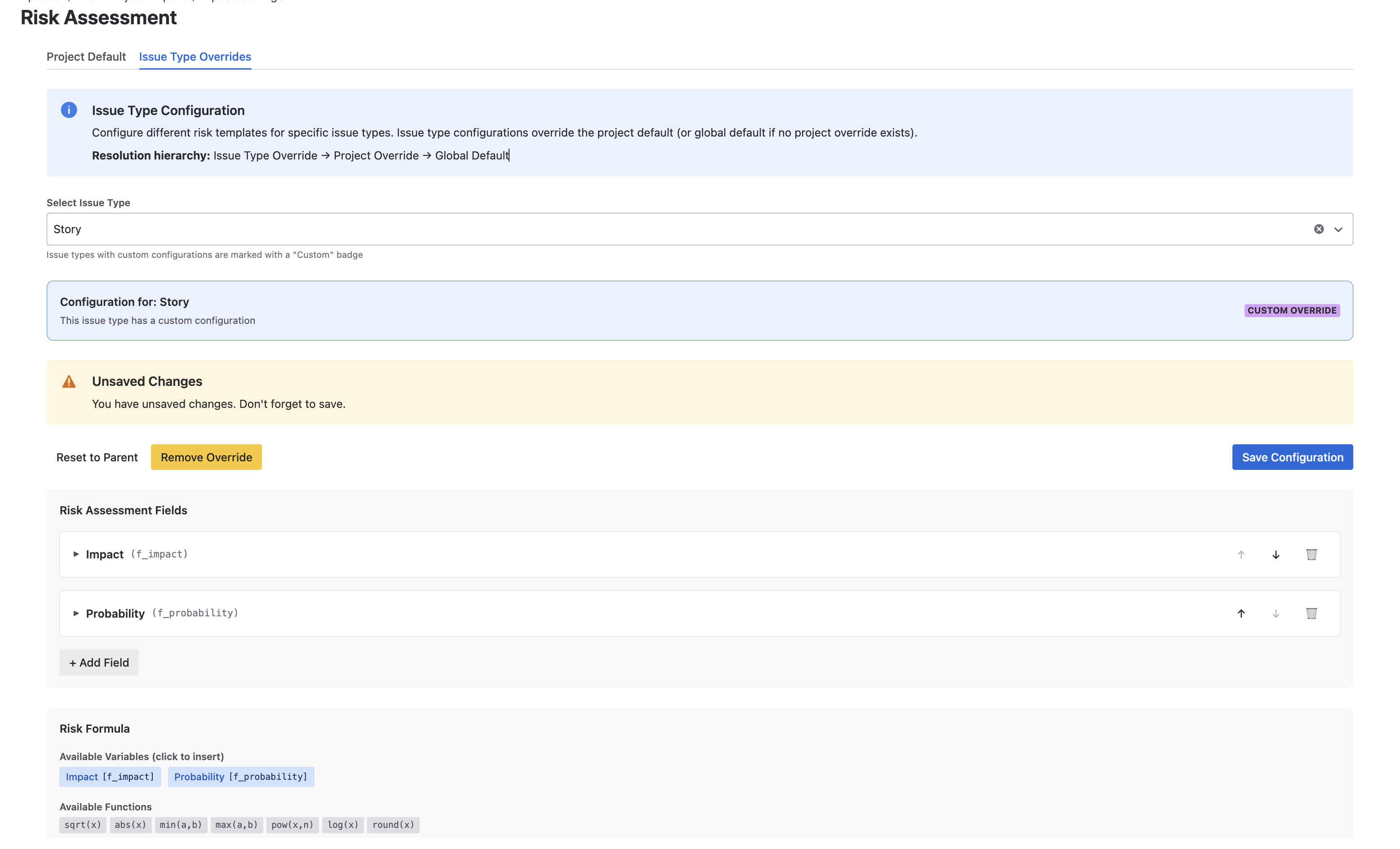 Issue Type Override Configuration