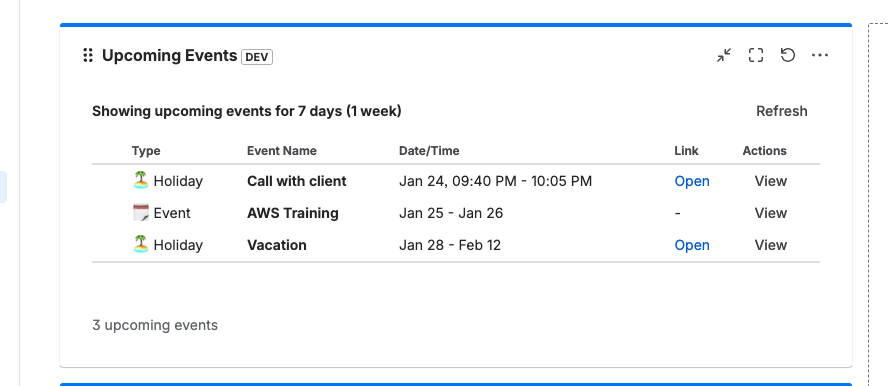 Upcoming Events Gadget View
