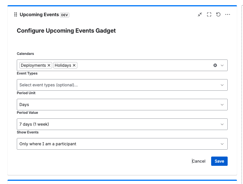 Upcoming Events Gadget Configuration