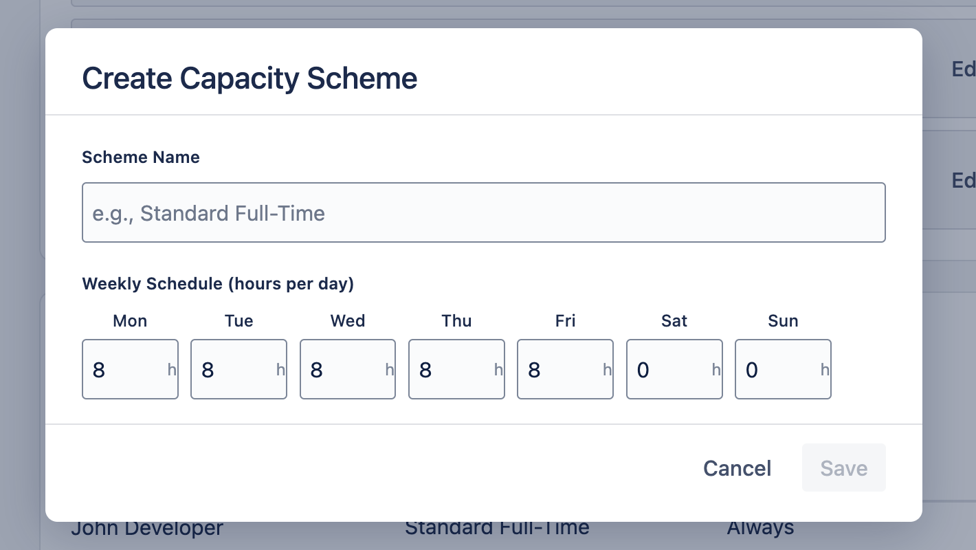 Create Capacity Scheme Dialog