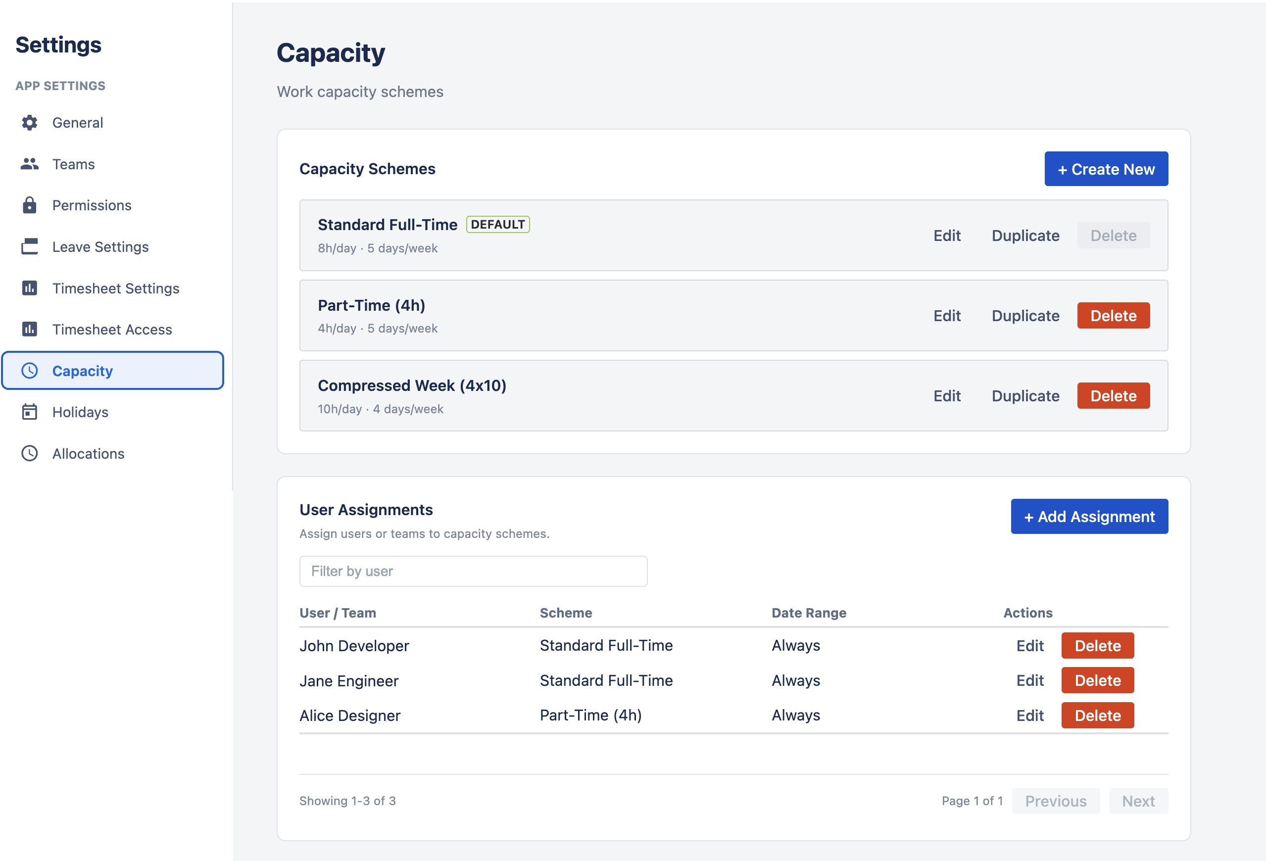 Capacity Schemes configuration panel