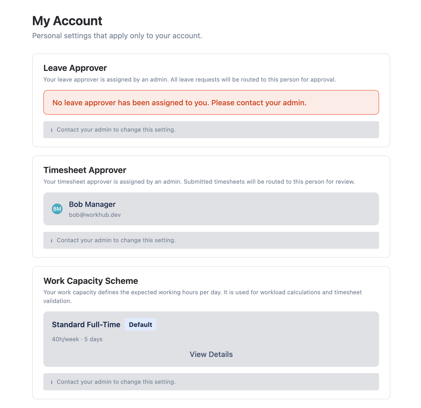 My Account page showing assigned leave approver, timesheet approver, capacity scheme, and holiday calendar
