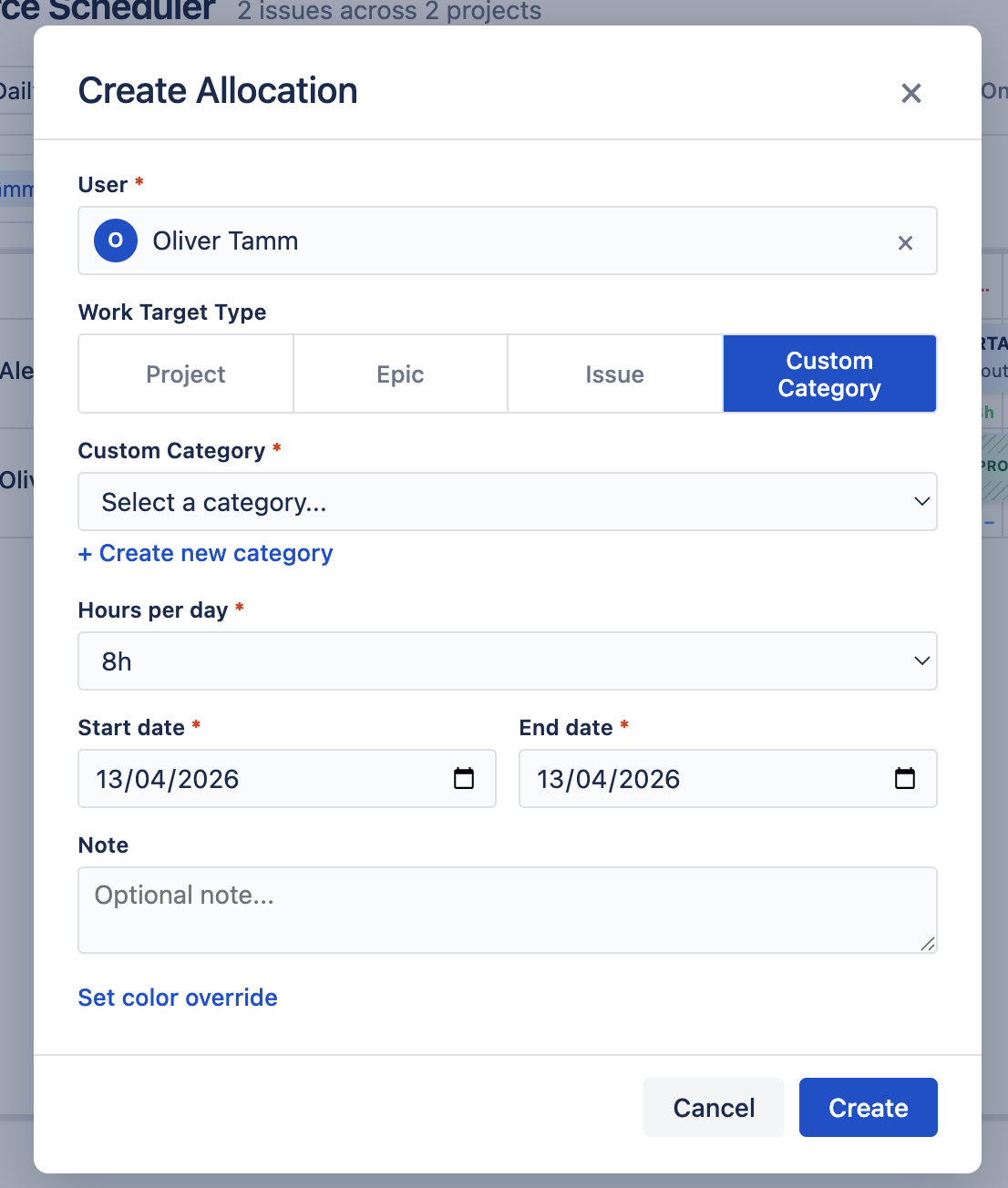 Create Allocation Dialog
