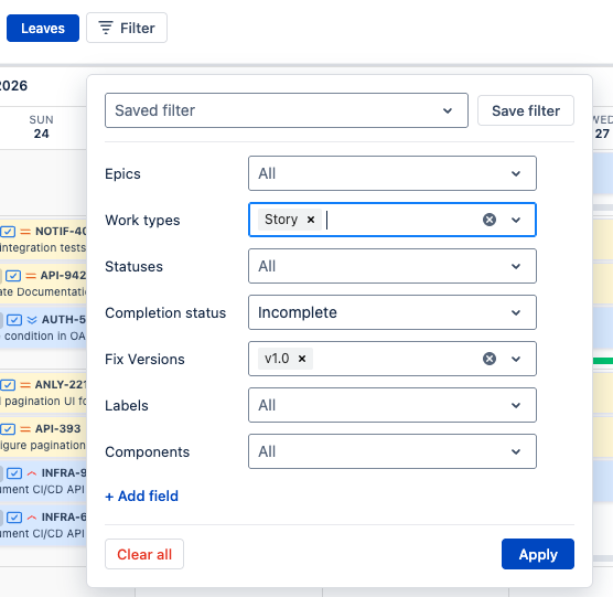 Scheduler issue filter panel with Saved filter, Save filter, Epics, Work types, Statuses, Completion status, Fix Versions, Labels, Components, Add field, Clear all, and Apply
