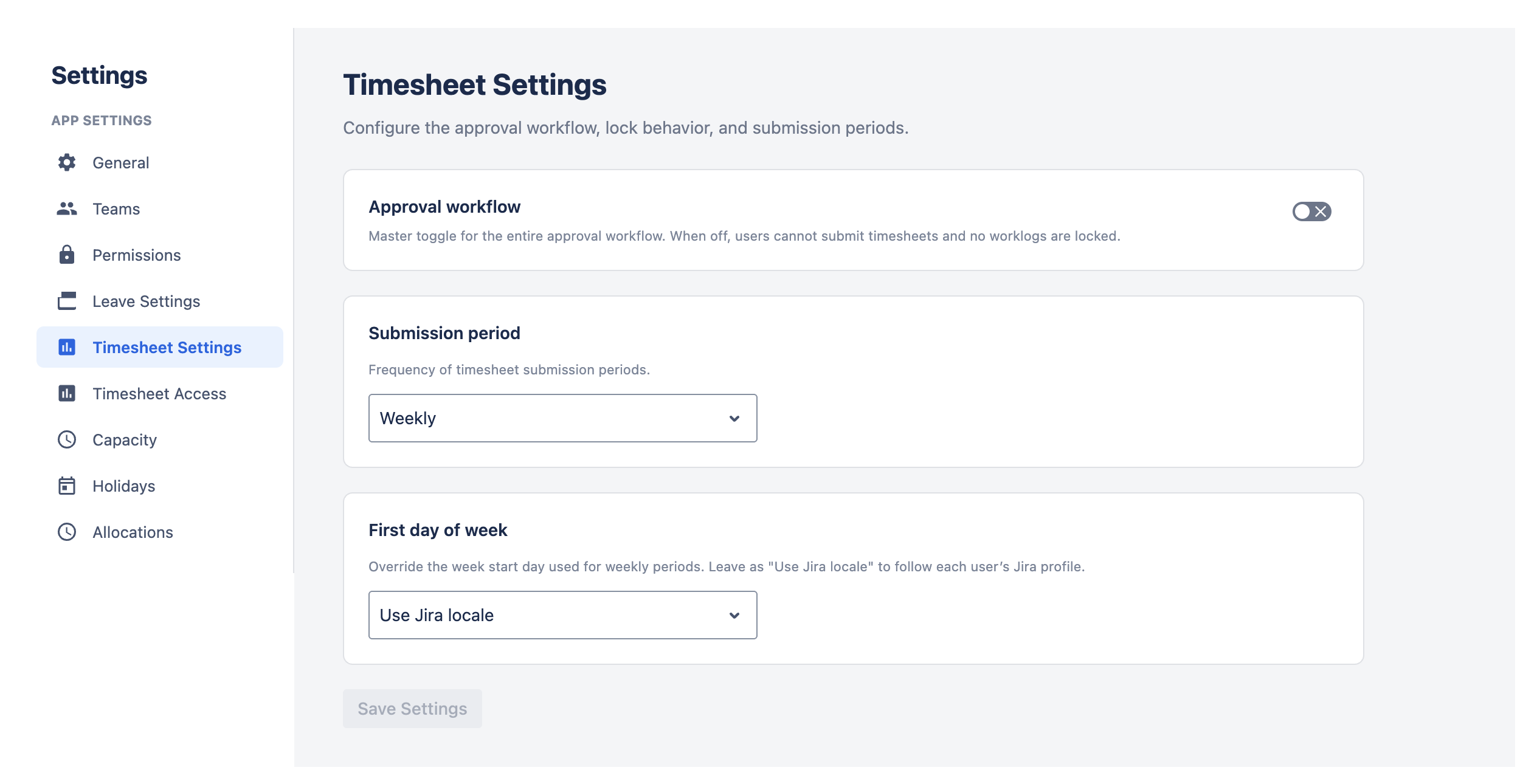 Timesheet Settings showing approval workflow toggle, submission period, and first day of week