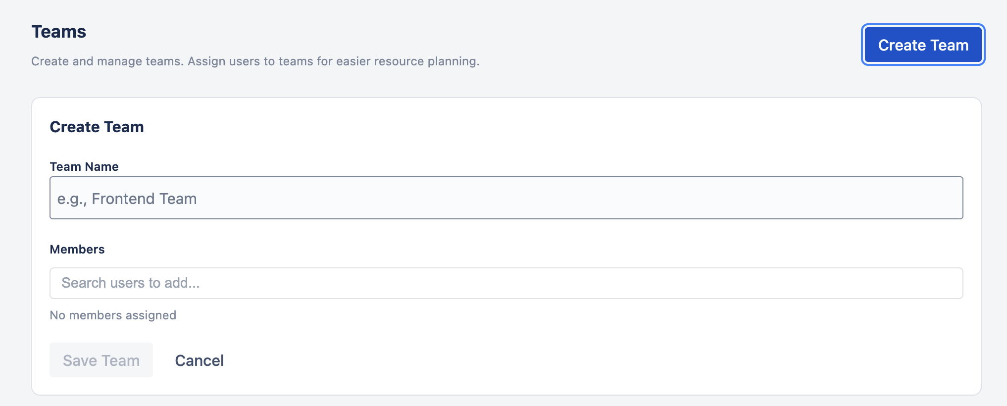 Create Team dialog showing a team name field and user picker for adding members