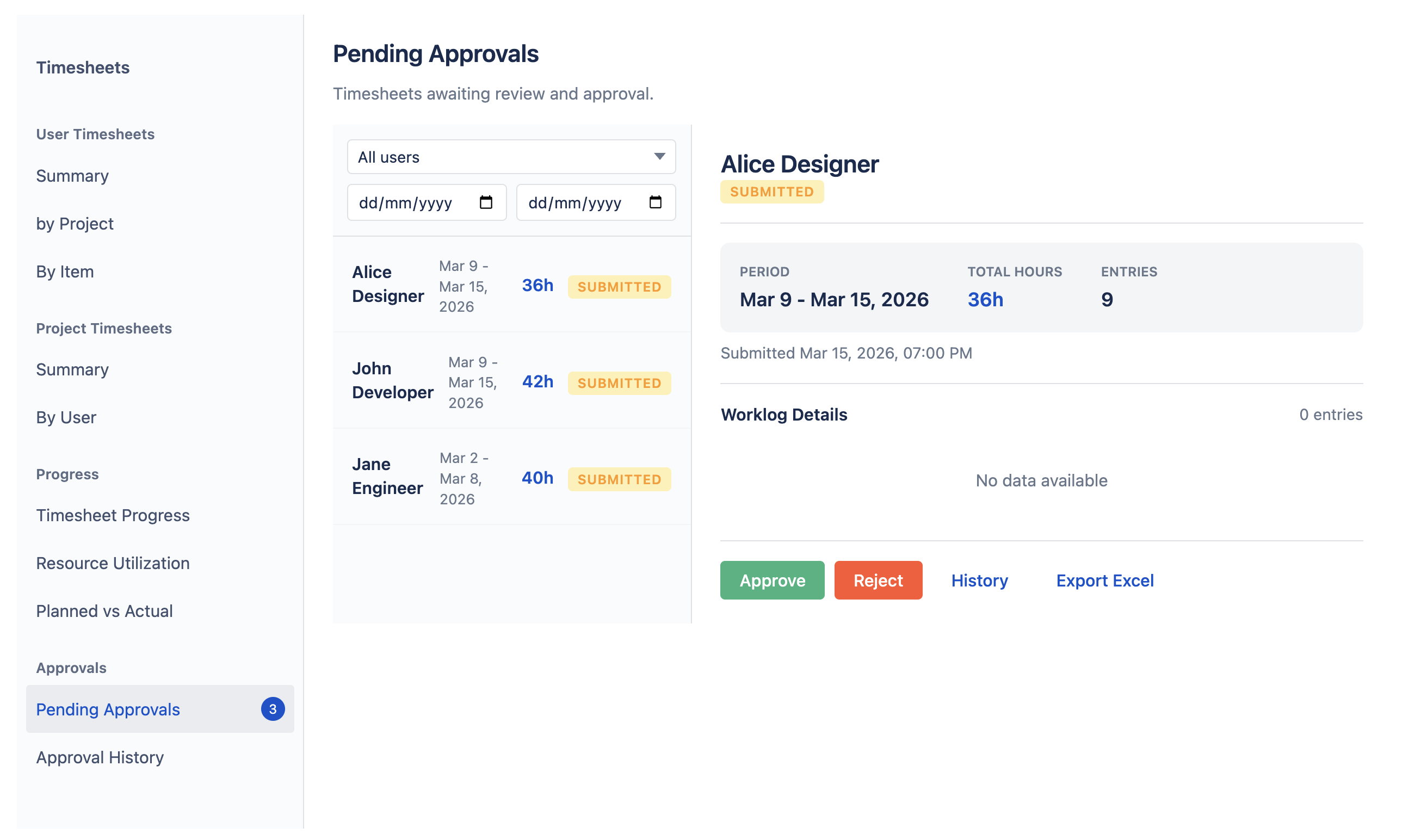 Approver view showing pending timesheets with approve and reject actions