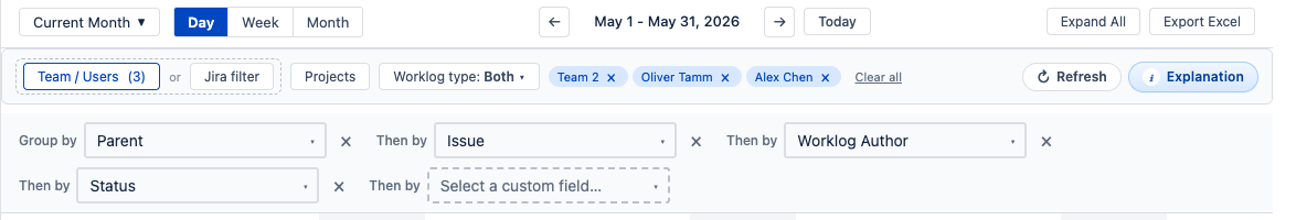 Configurable timesheet Group by row showing four configured levels — Parent, Issue, Worklog Author, Status — plus a dashed placeholder for the fifth level prompting 'Select a custom field…'