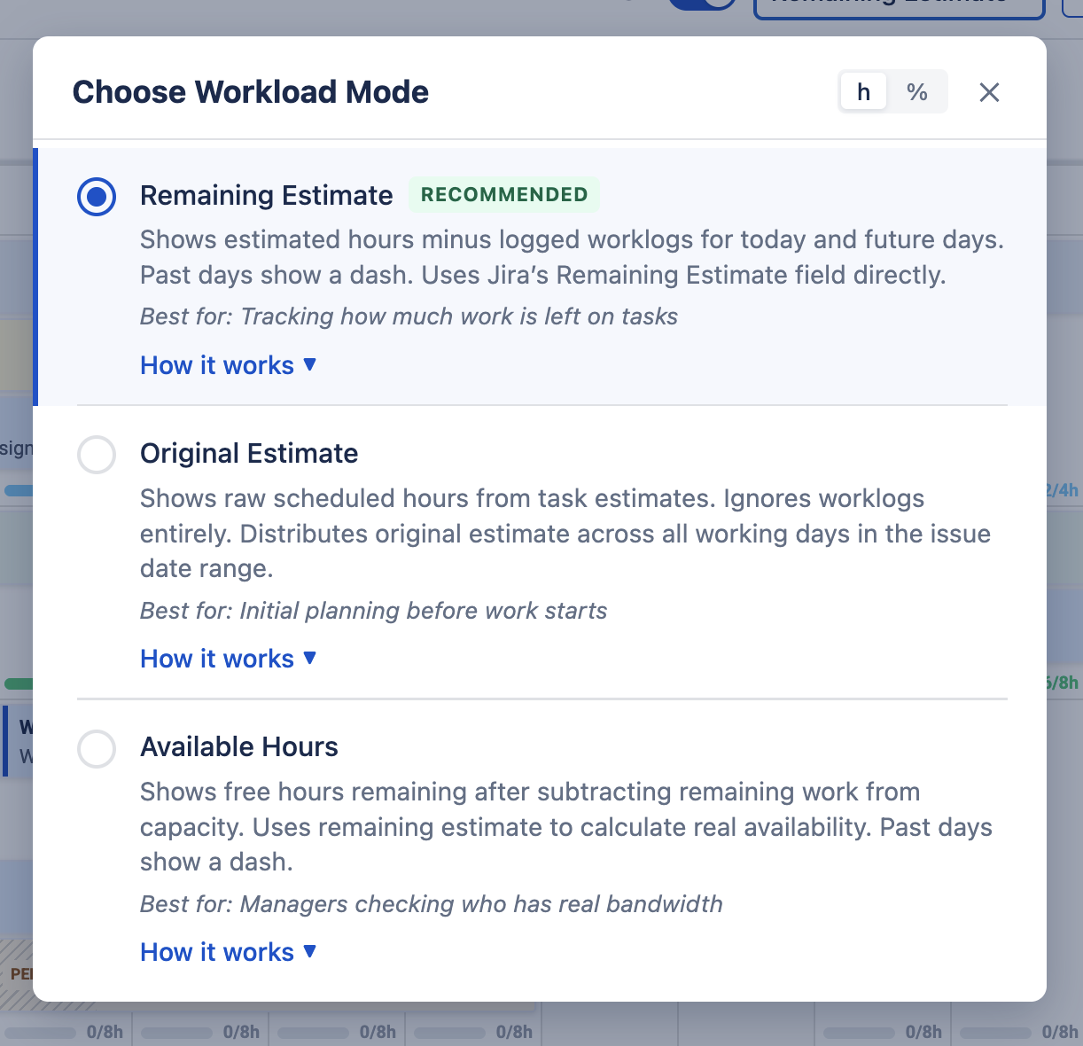 Workload indicator mode selector dropdown