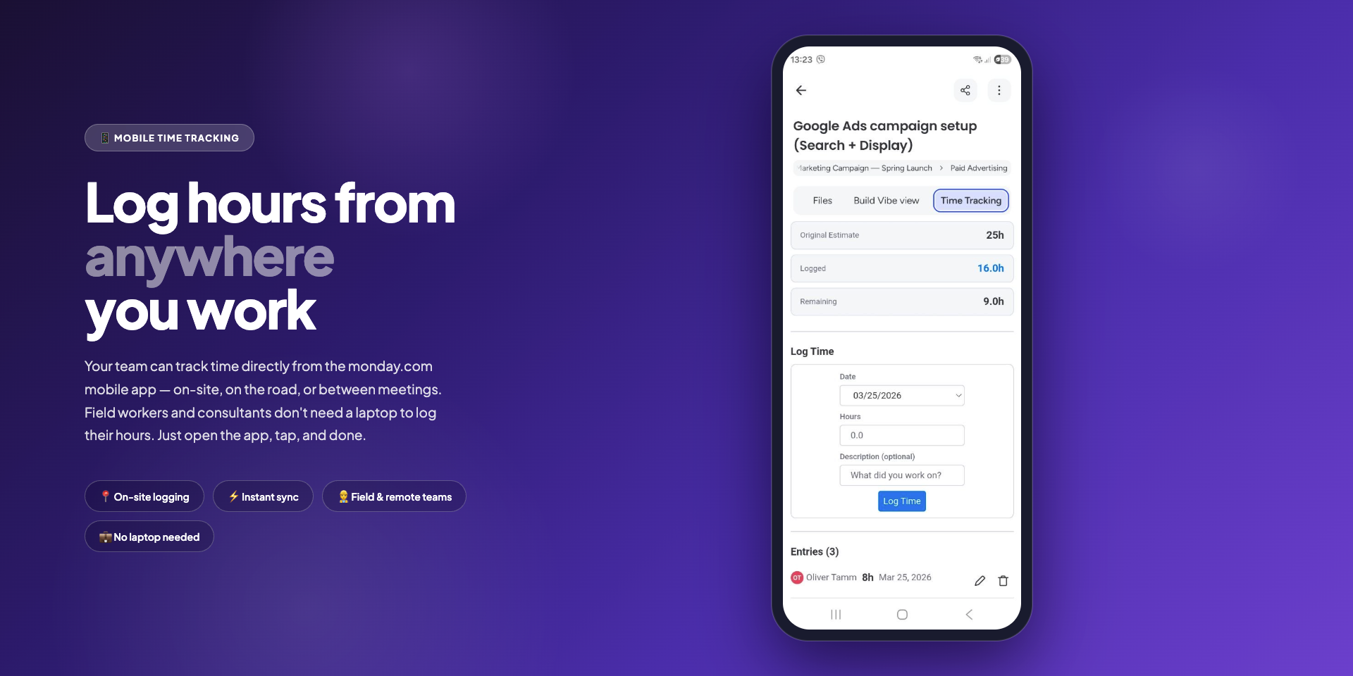 Mobile time tracking interface on monday.com showing log work form on a smartphone
