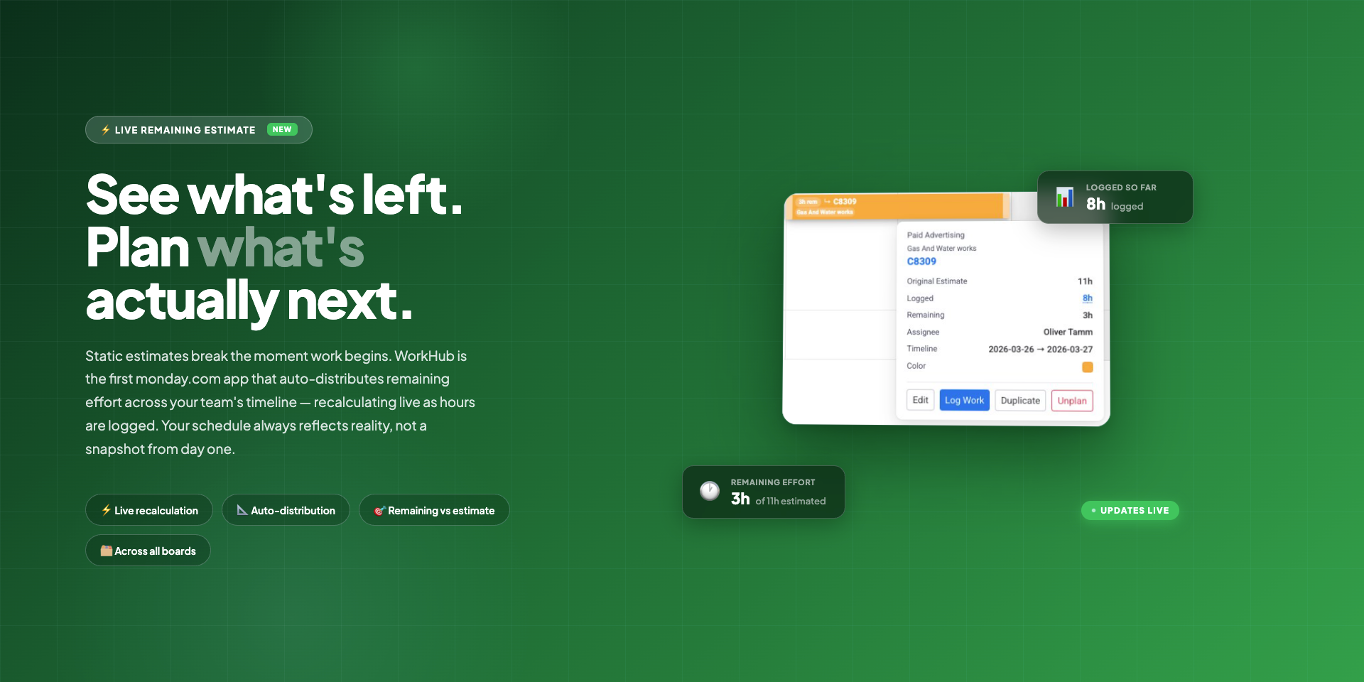 Live remaining estimate view showing auto-distributed effort across the team timeline