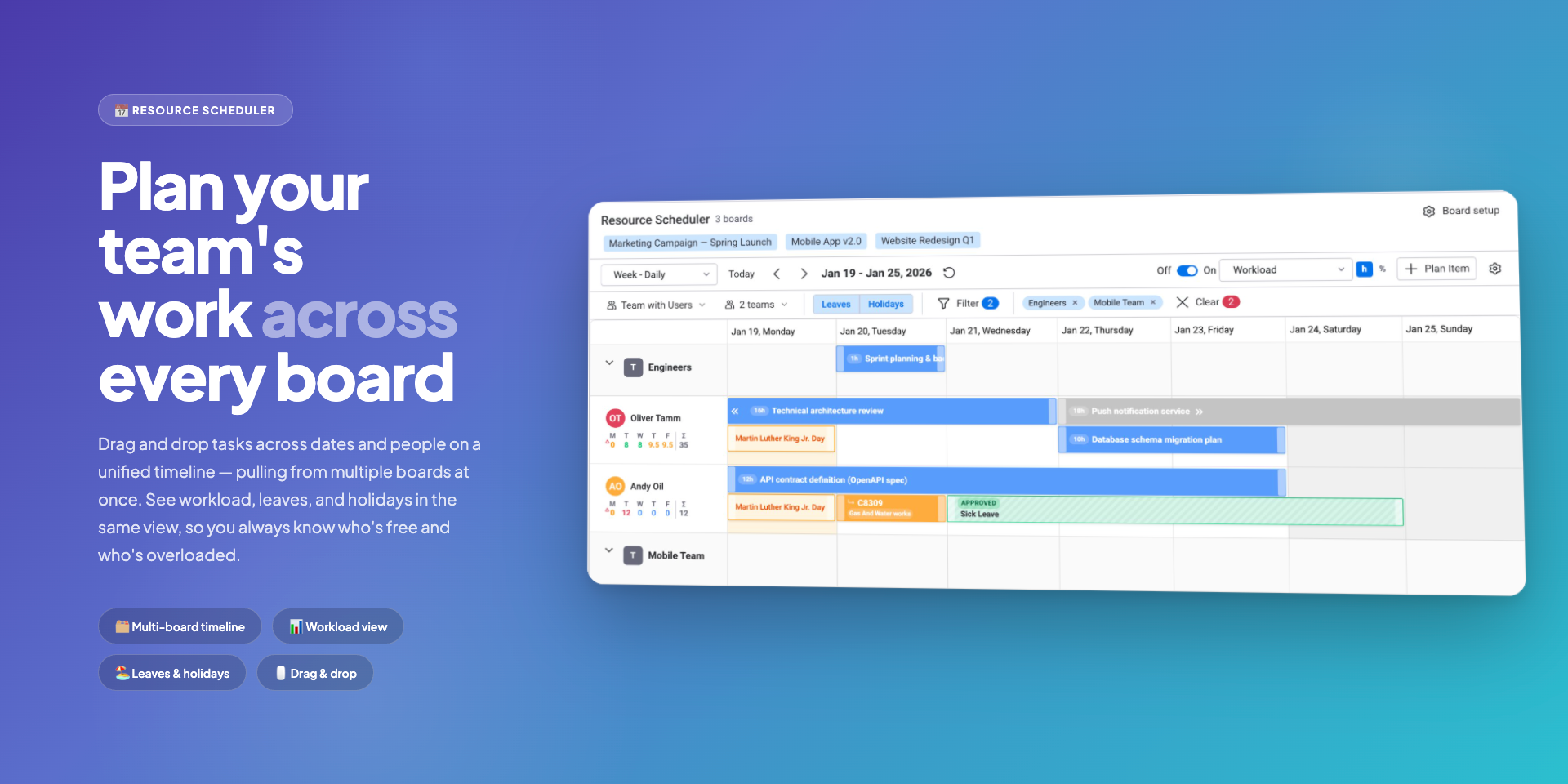 WorkHub Resource Scheduler showing a Gantt-style calendar with team tasks laid out across a weekly timeline inside monday.com
