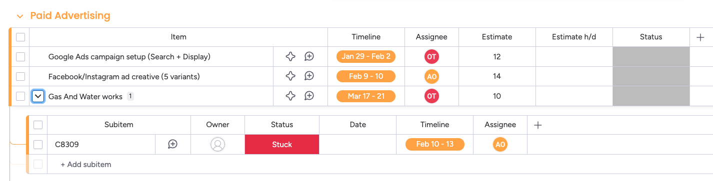 Monday.com board showing configured columns: Assignee (People), Timeline, Estimated Hours (Numbers), and Estimated Hours Per Day (Numbers) on main items, with Timeline and Assignee mapped on subitems