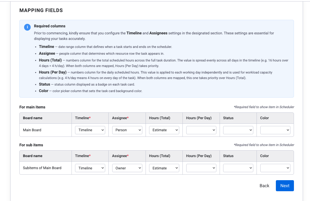 Board setup wizard step 2: Mapping Fields showing Timeline, Assignee, Hours, Status, and Color column dropdowns for main items and subitems