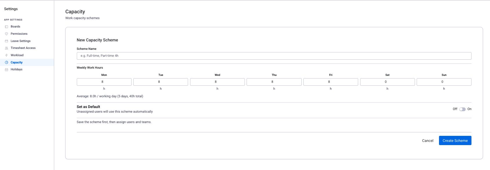 New Capacity Scheme form with scheme name, per-day hour inputs (Mon-Sun), and Set as Default option
