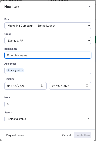 Worklog creation form with item picker, date, hours, and description fields