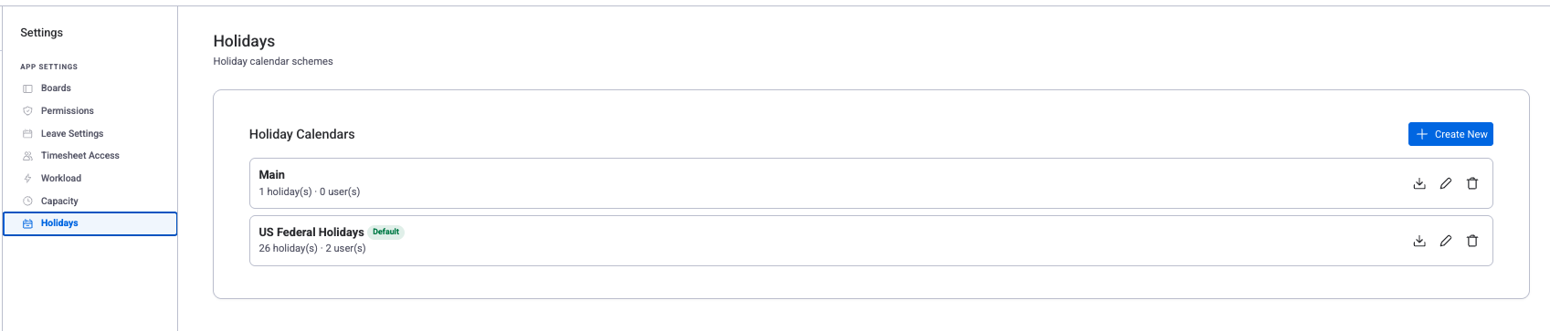 Holiday Schemes list showing Main and US Federal Holidays schemes with Create New button