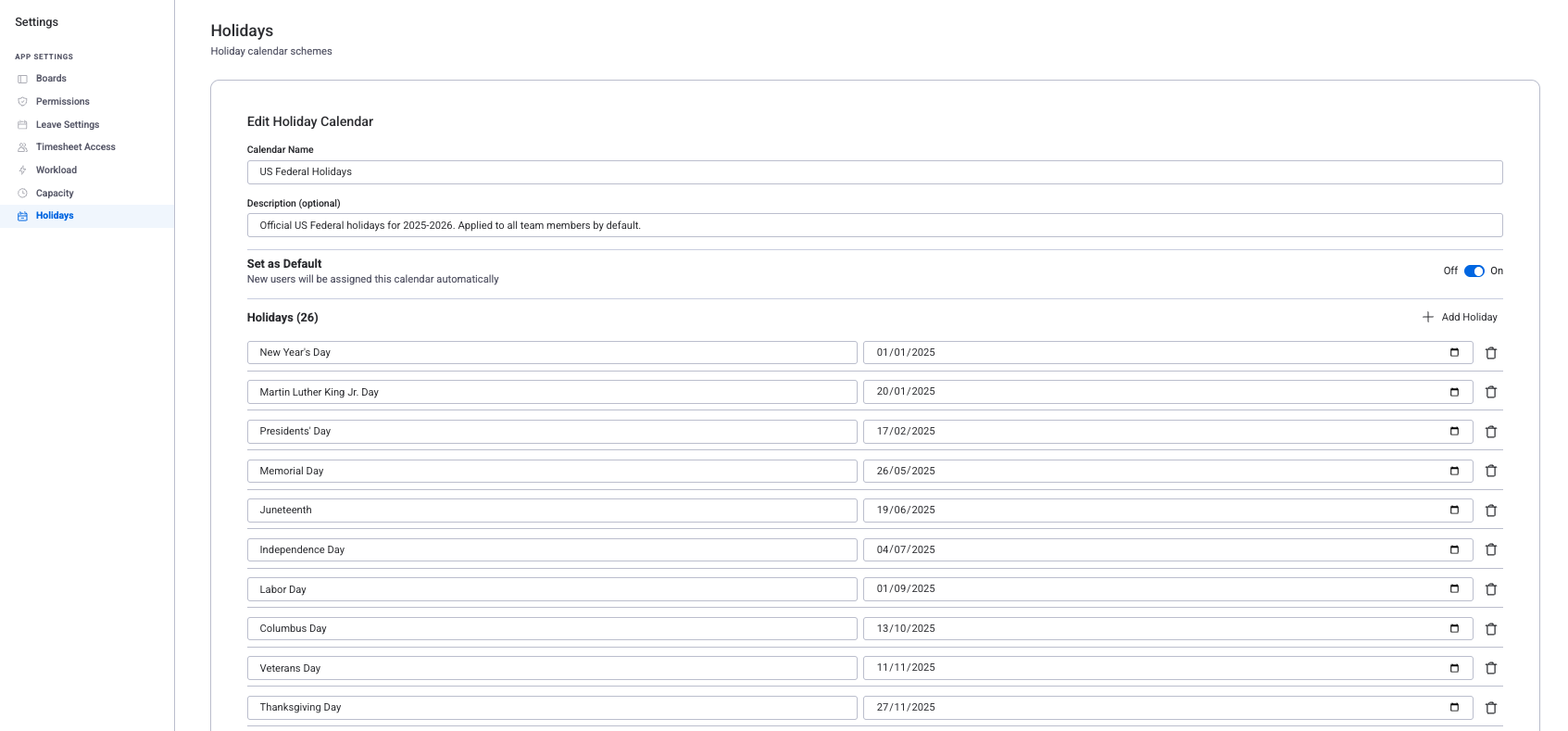Holiday Calendar setup showing imported holidays and user assignment