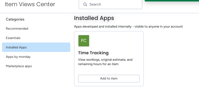 Item Views Center showing Time Tracking app with Add to item button