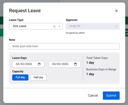 Leave management with Request Leave dialog showing leave type, approver, dates, and capacity options