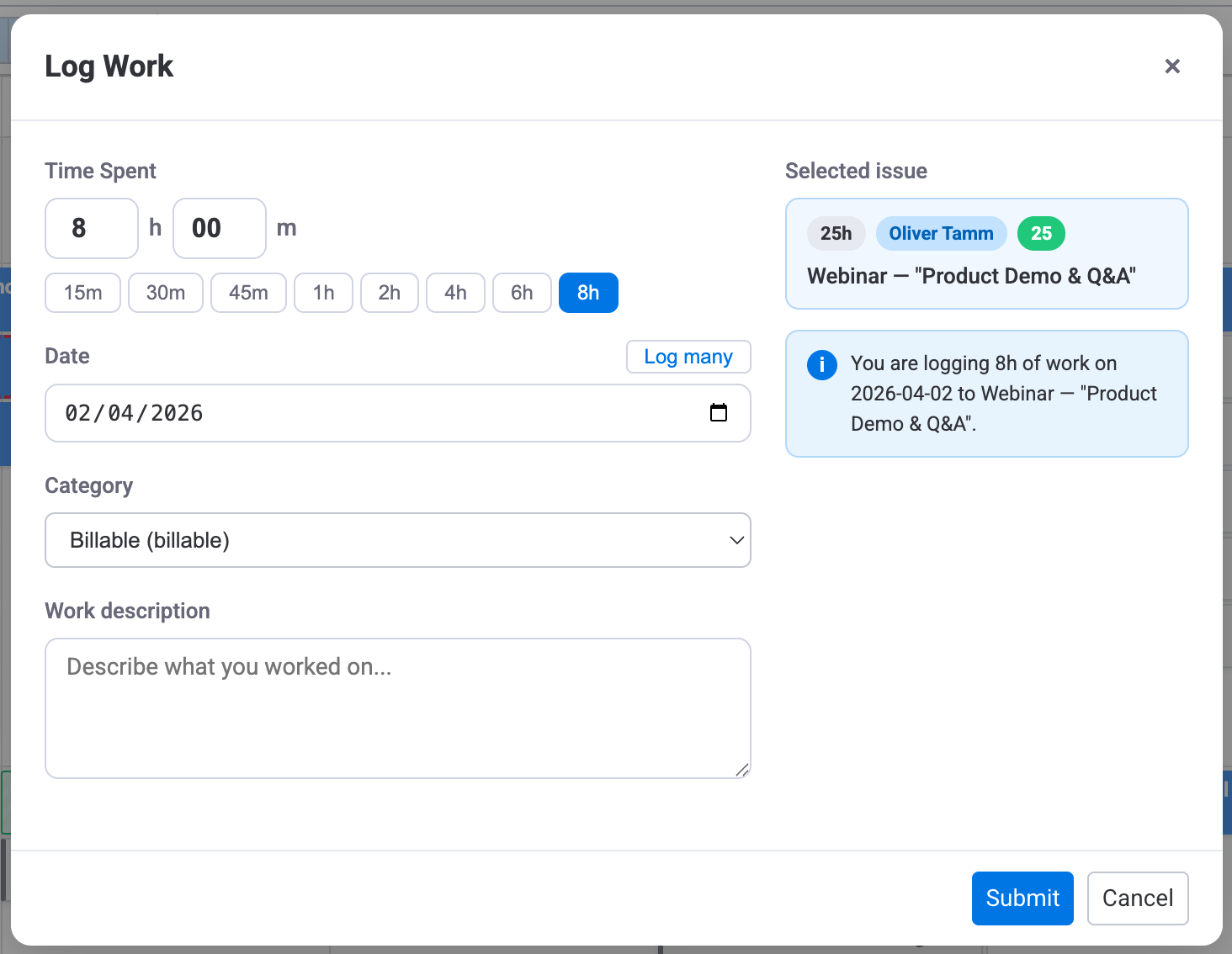 Log Work dialog showing item picker, date selector, hours input, and description field