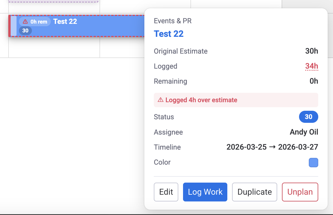 Overlog warning showing red border and logged hours exceeding estimate