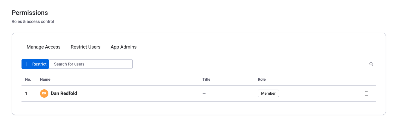 Permissions panel with Manage Access, Restrict Users, and App Admins tabs showing user roles