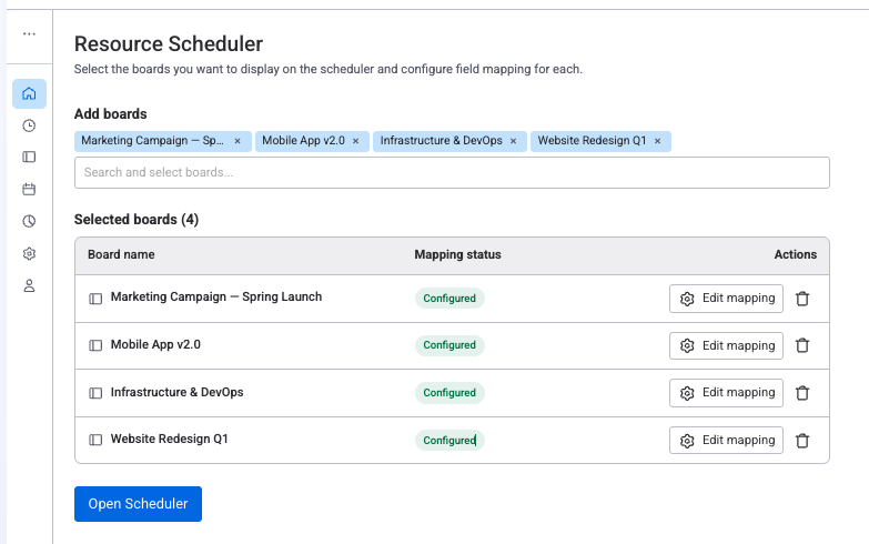 Settings overview showing board configuration with selected boards, mapping status, and actions