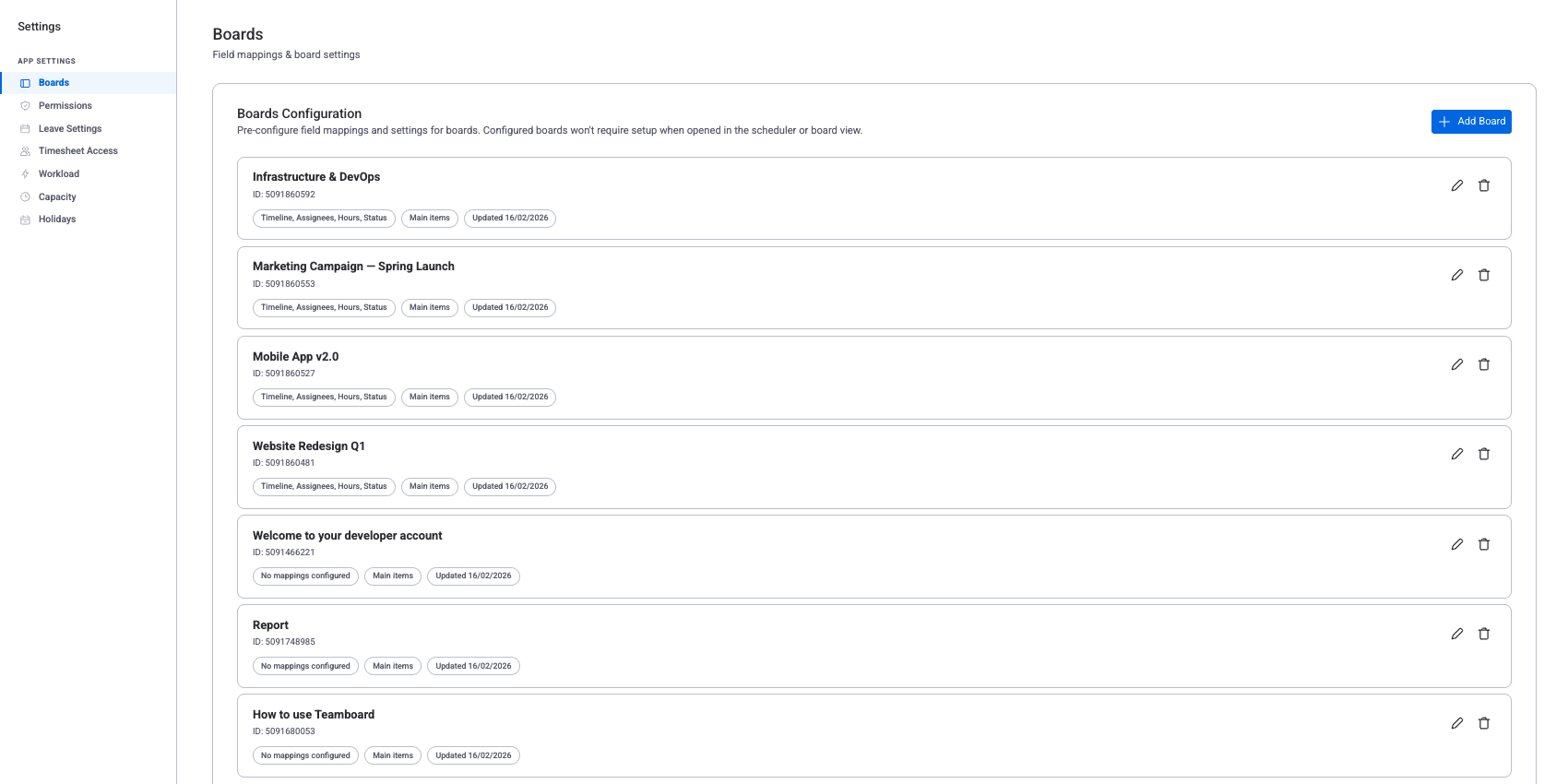 Settings Boards page showing board configurations with field mapping tags and edit actions